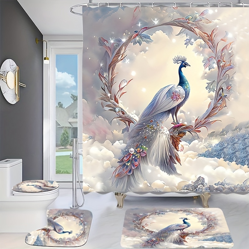 Vintage Peacock Feather Print Bathroom Set Waterproof Shower - Temu