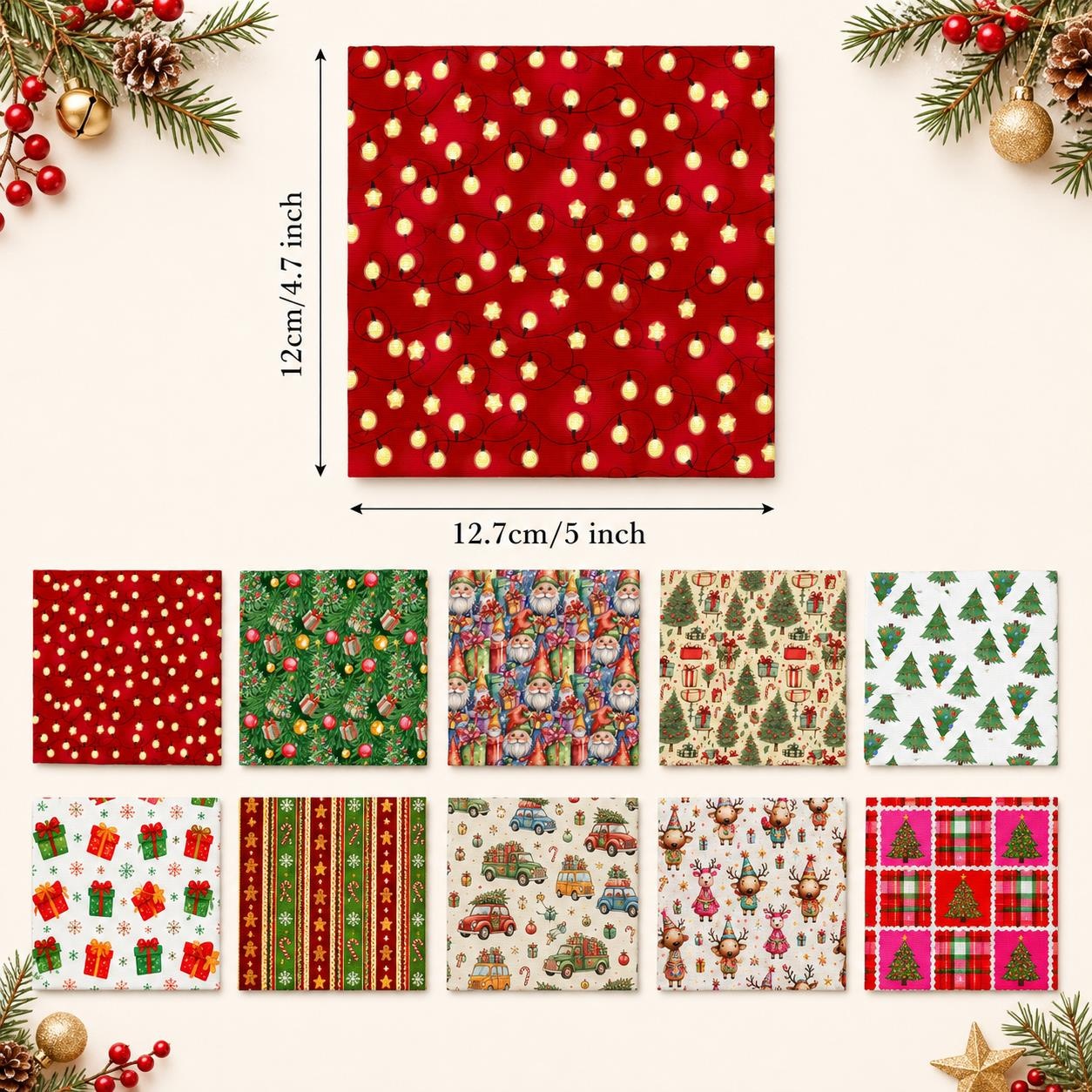 TEMU 10pcs/Set Série Noël Étoile Père Noël Tissu de Rehausseur Gras, Assortiment de Tissu Carré Prédécoupé, Ensemble de Tissu, Tissu d'Artisanat,