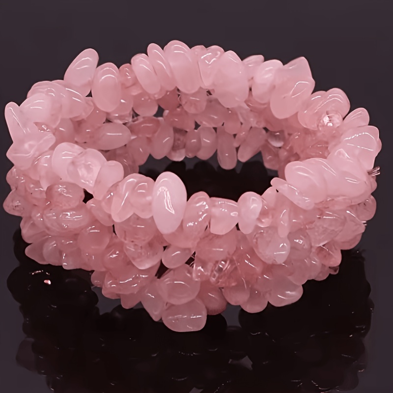 TEMU Light Pink Gravel Elastic Bracelet Set, 3pcs, Bohemian Elegant Hand-woven, Vintage Accessory