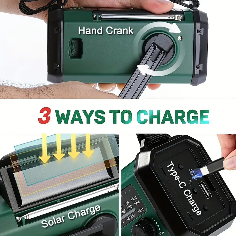 emergency hand crank radio with 10000mah 37000mwh battery backup am fm weather radio type c charge solar charging sos 3 led torch reading lamp compass for outdoor survival details 1