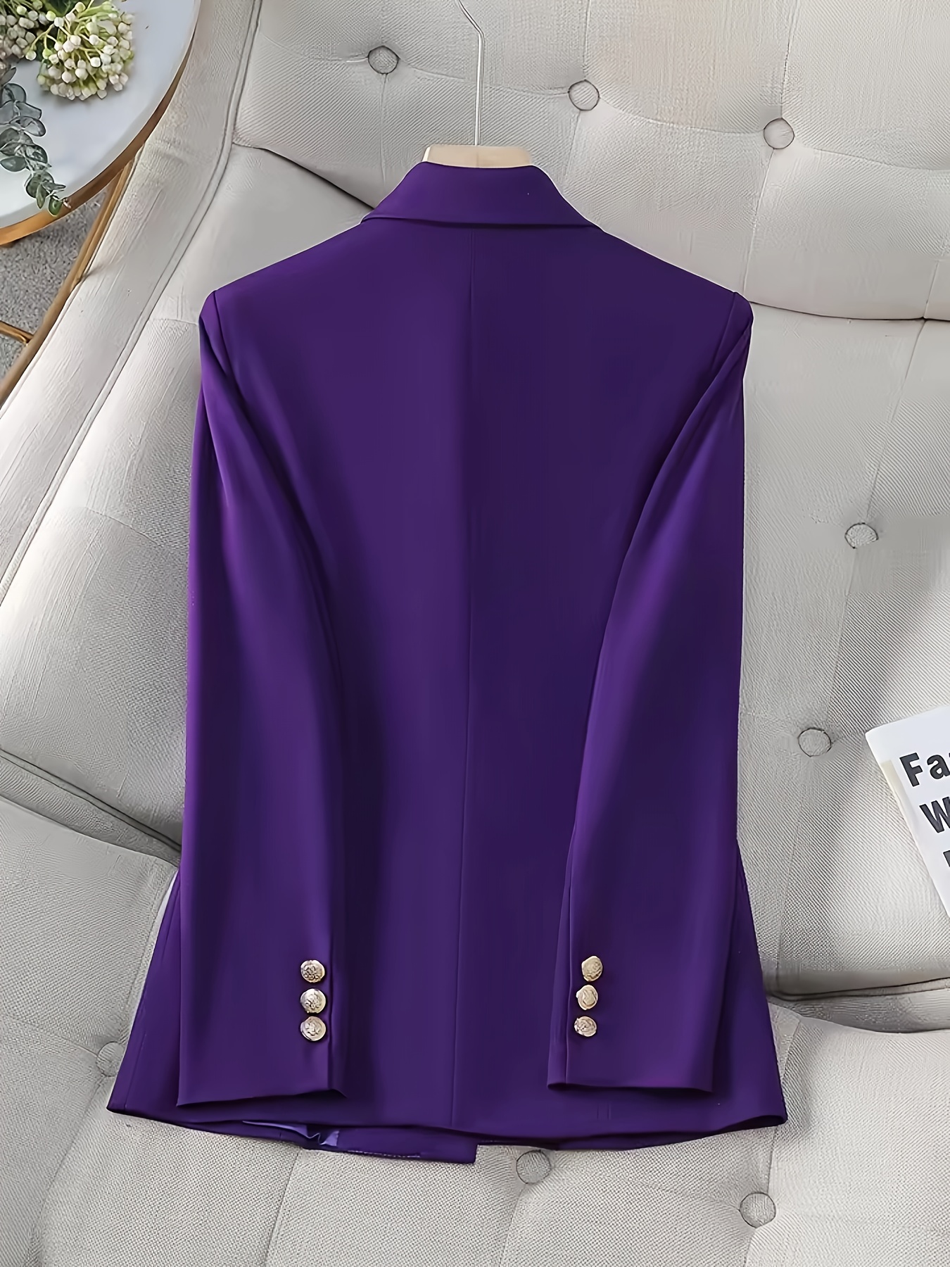 Women'S Elegant Double-Breasted Office Wear Blazer - Vibrant Purple, Long Sleeve, Regular Fit, All-Season Jacket with Golden Buttons and Decorative Button