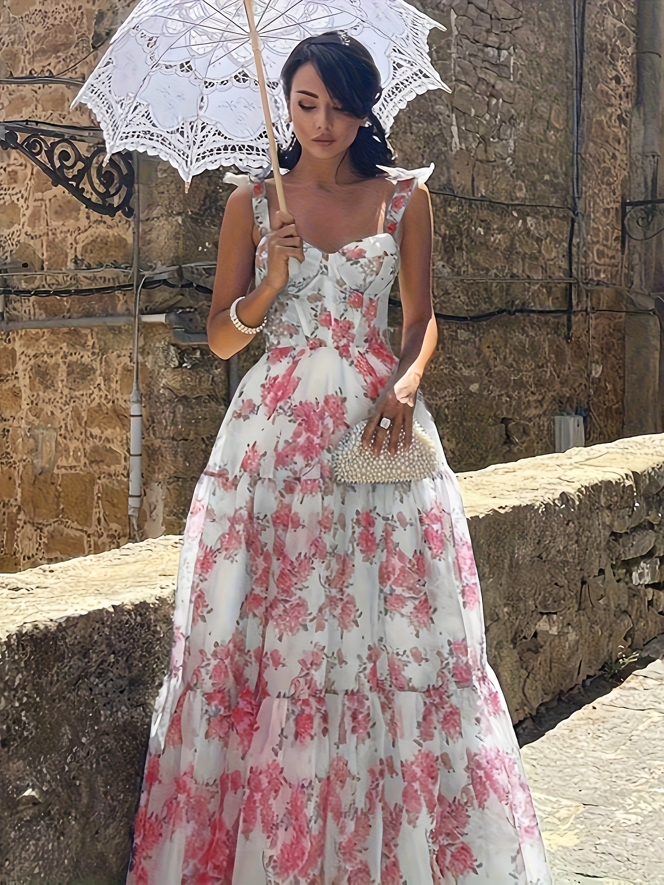 summer elegant french floral suspender shoulder long - Temu Mauritius