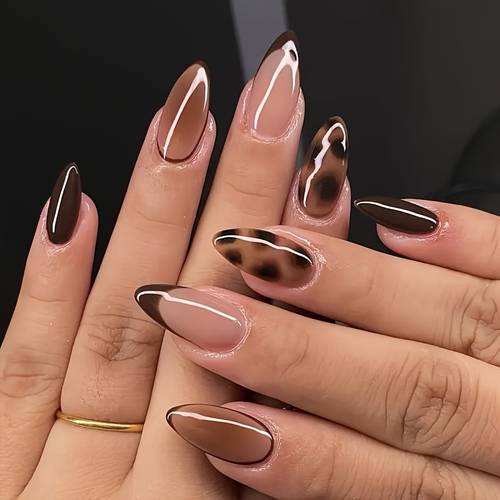 24pcs almond shaped medium length nail stickers with glossy leopard print series nail file and jelly suitable for women and