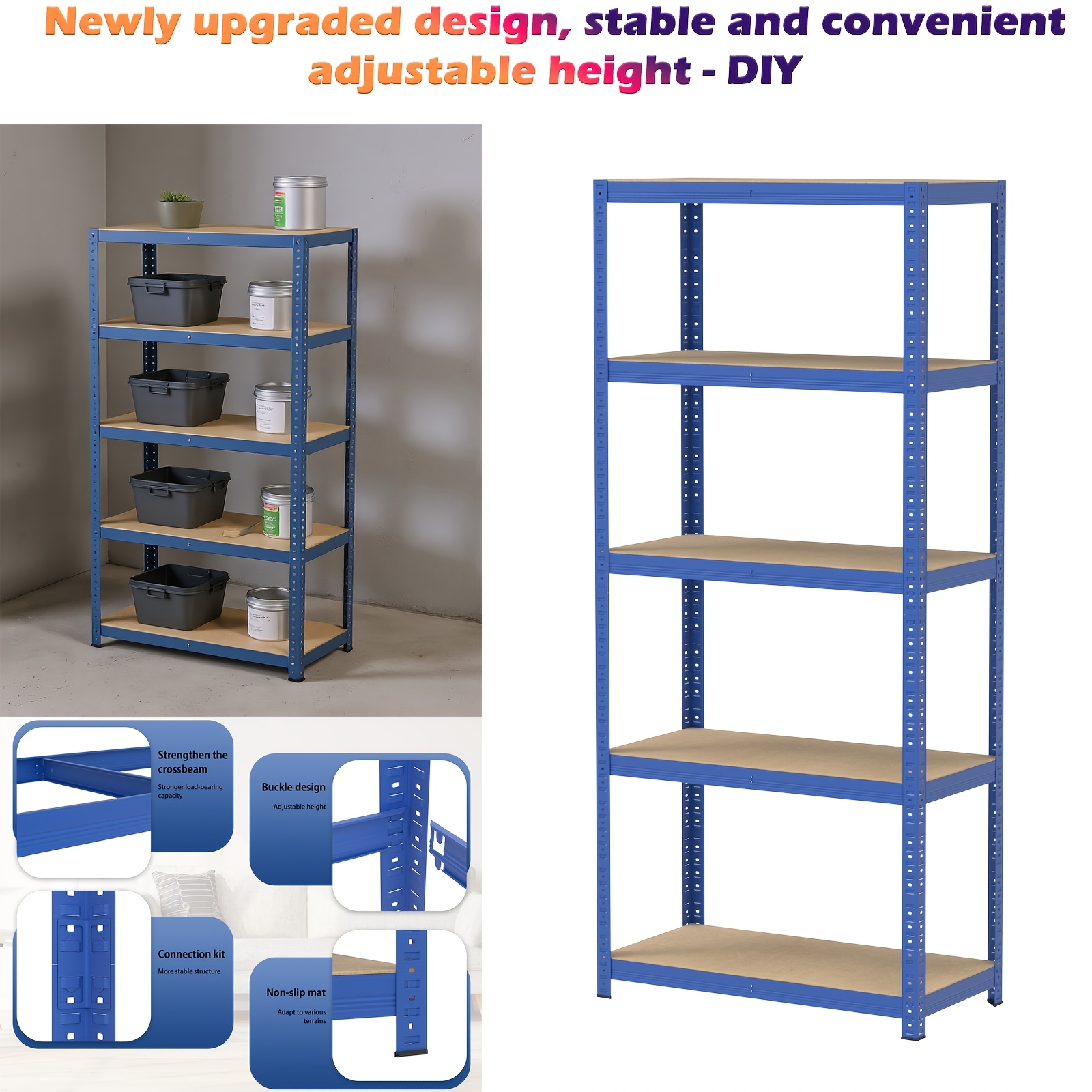 & Warehouse Shelf, 5-tier Heavy Duty Metal Rack 875kg Load, Easy Assembly Storage Unit (170x75x30cm), Blue Shelf