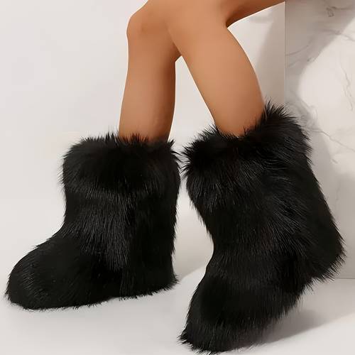 womens fur short boots black corduroy with plush lining round toe flat heel comfortable pull for cold weather durable rubber sole stylish warm outdoor footwear