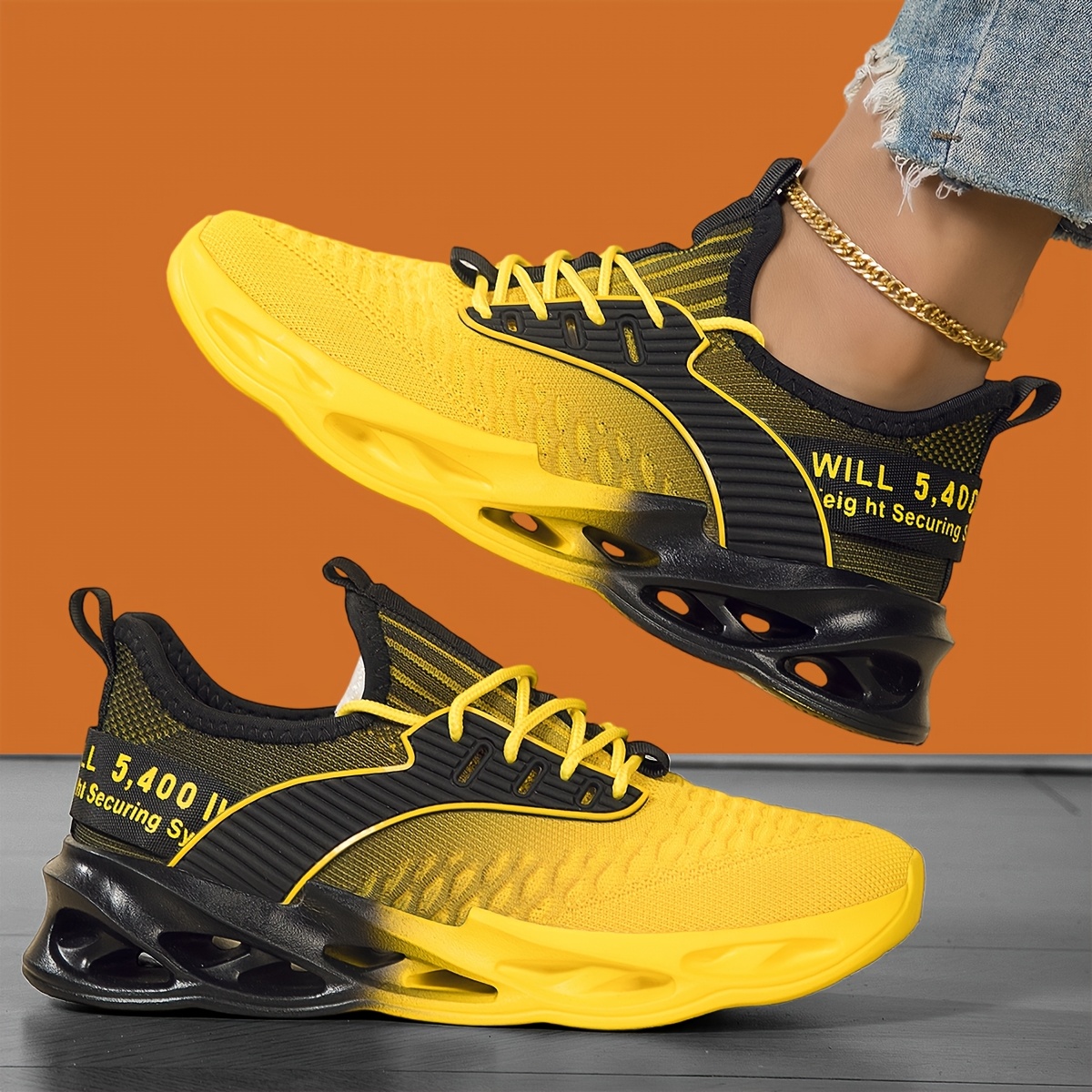 TEMU Summer Breathable Men's Black And Golden Gradient Running Shoes, New Summer Comfortable Men's Lightweight Outdoor Sneakers, Unisex Couple's