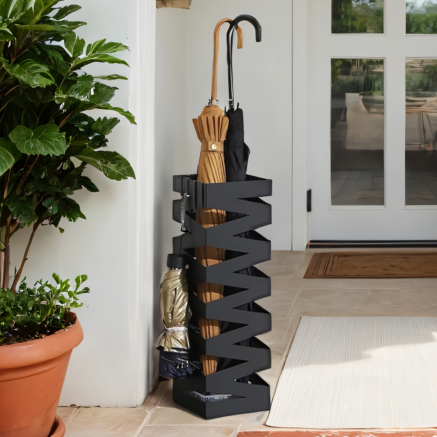 Stand, Square Umbrella Holder Rack, With Hooks And Drip Tray, 15.5 X 15.5 X 49cm