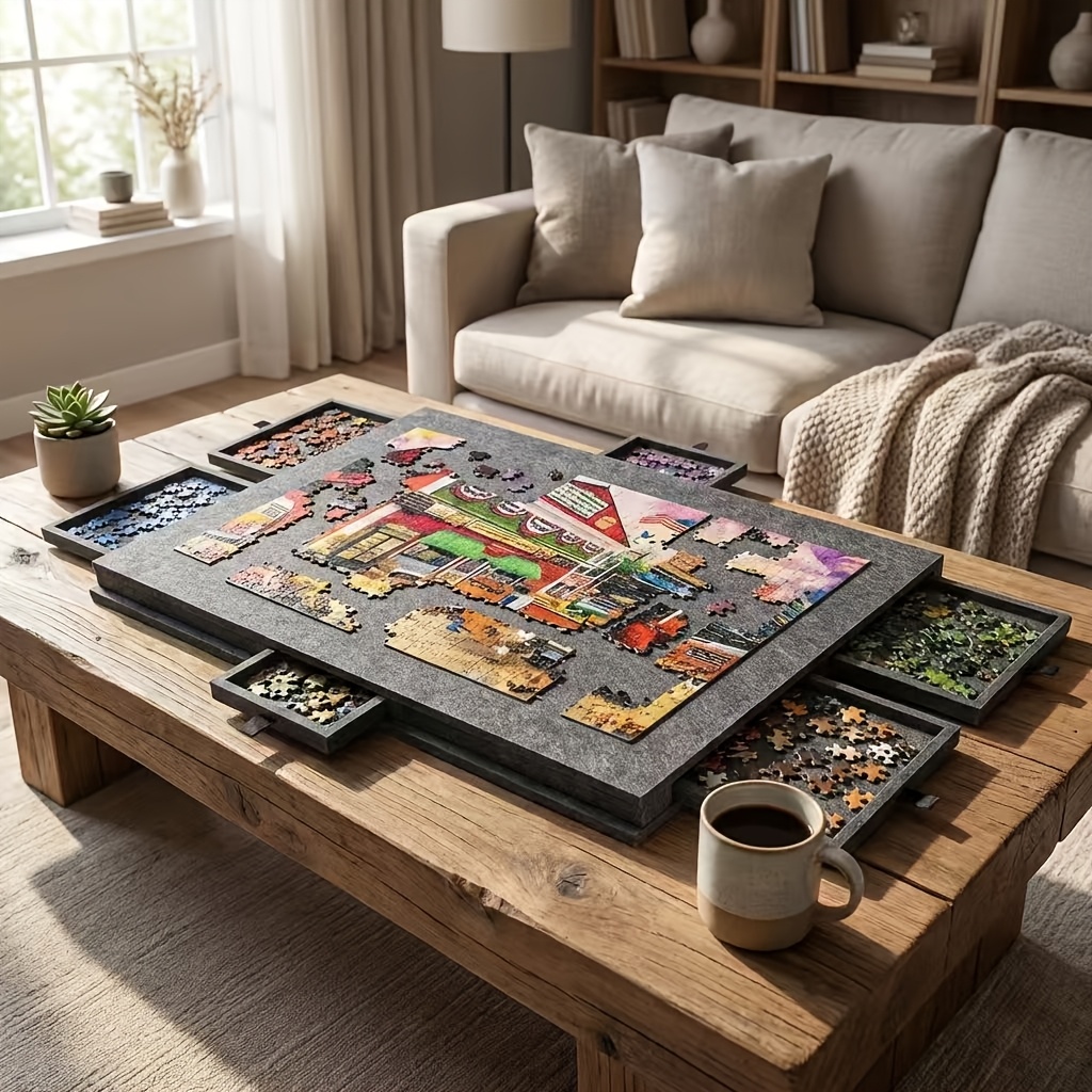 designed for 1000 1500pcs puzzles puzzle board with 6 drawers 6 in 1 puzzle table integrating 6 drawers a built in felt puzzle board portable and foldable design suitable for versatile use at home