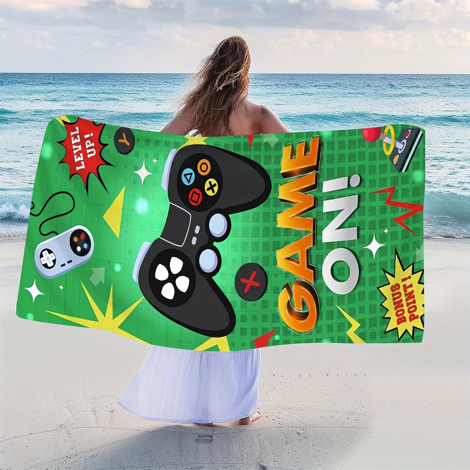 

Vintage Style Gaming Controller Microfiber Beach Towel, Extra-large Flannel Knitted Throw, All-season Digital Print With Design, Soft Absorbent Yoga Towel For Summer Beach Lounging