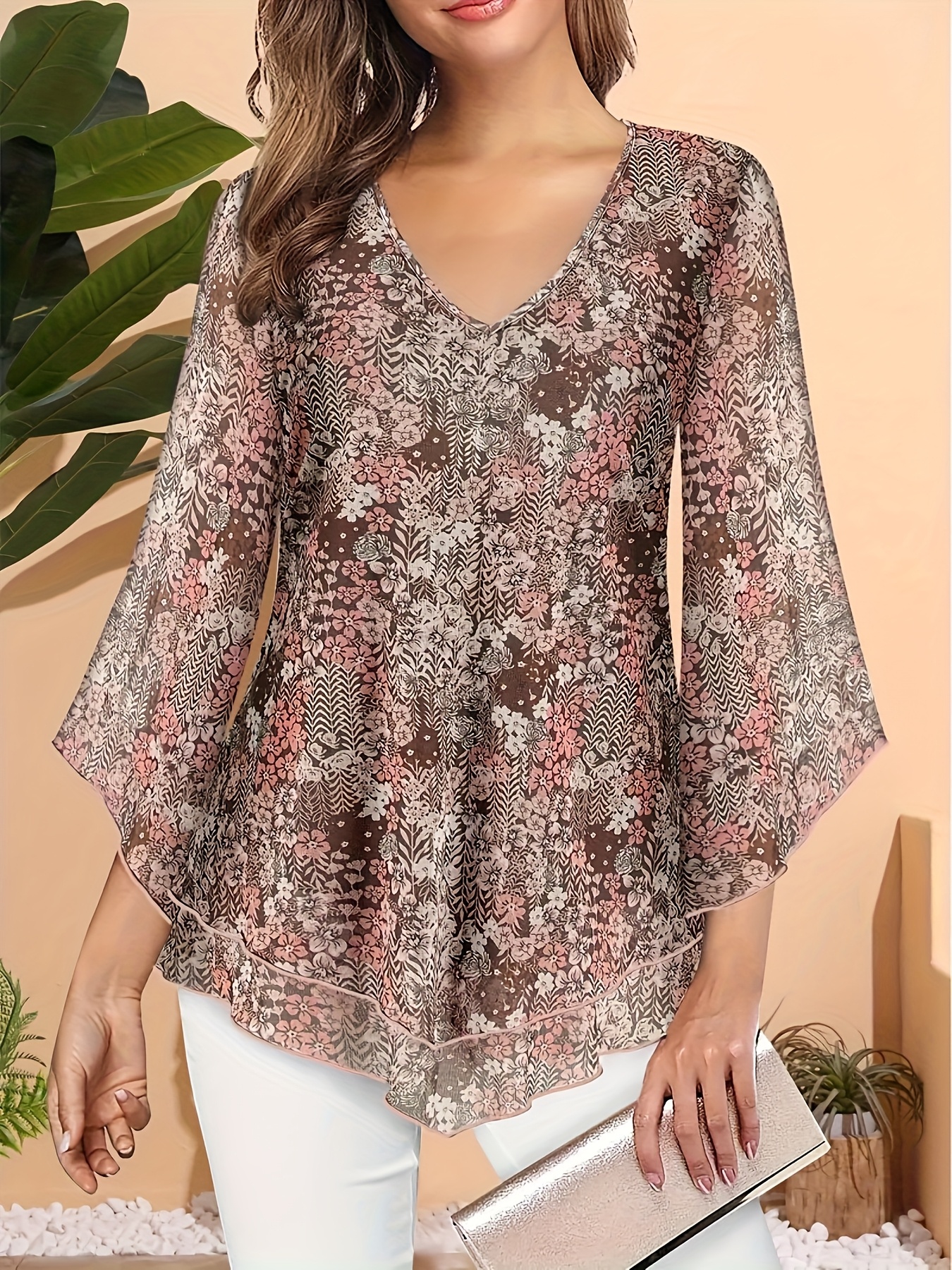 item picture plus size plus size womens casual v neck double layer elastic ruched 3 4 puff sleeve mesh top