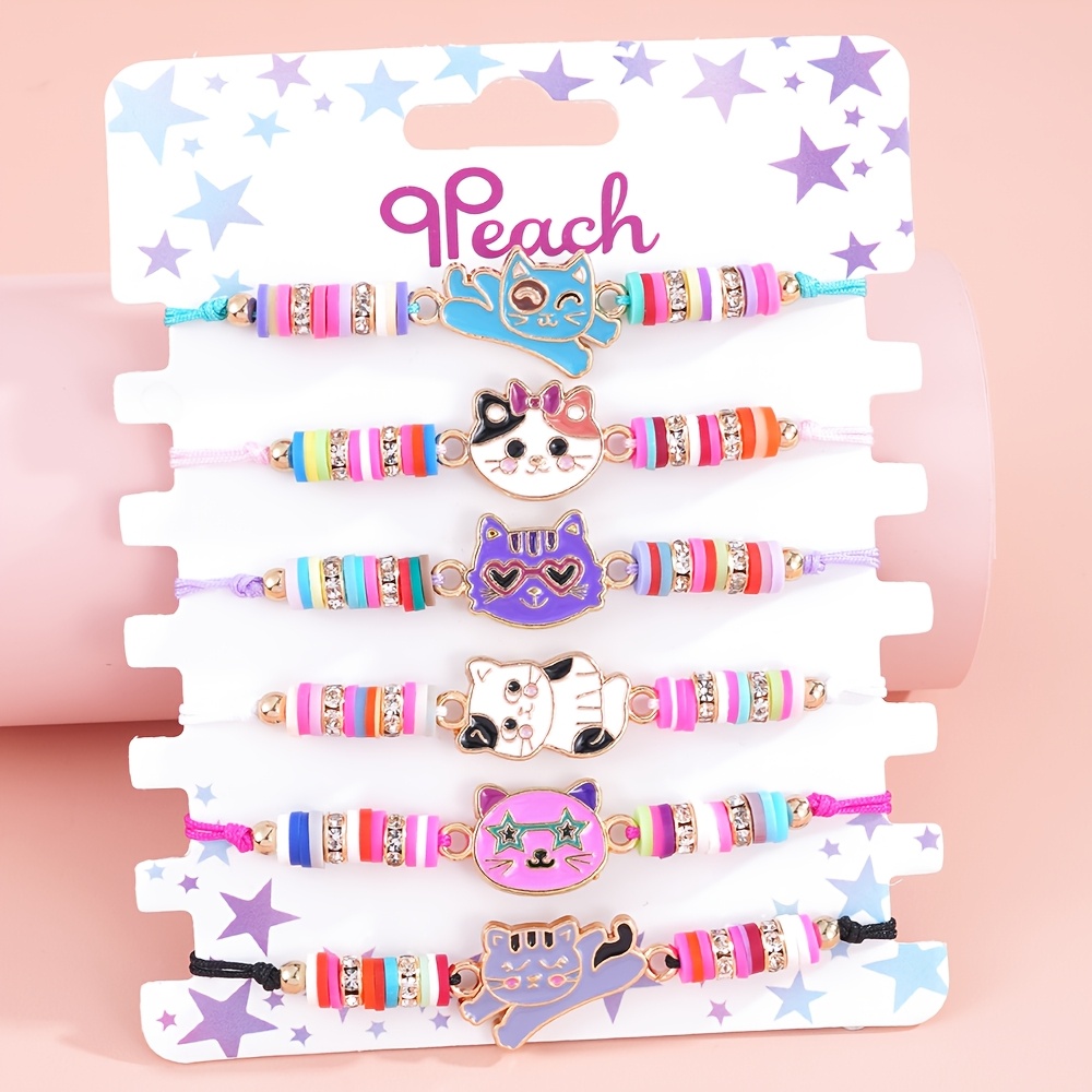 TEMU Lot de 6 bracelets chat pour filles Qpeach - Lot de bracelets d' ajustables sur le thème des chatons multicolores, adaptés pour les