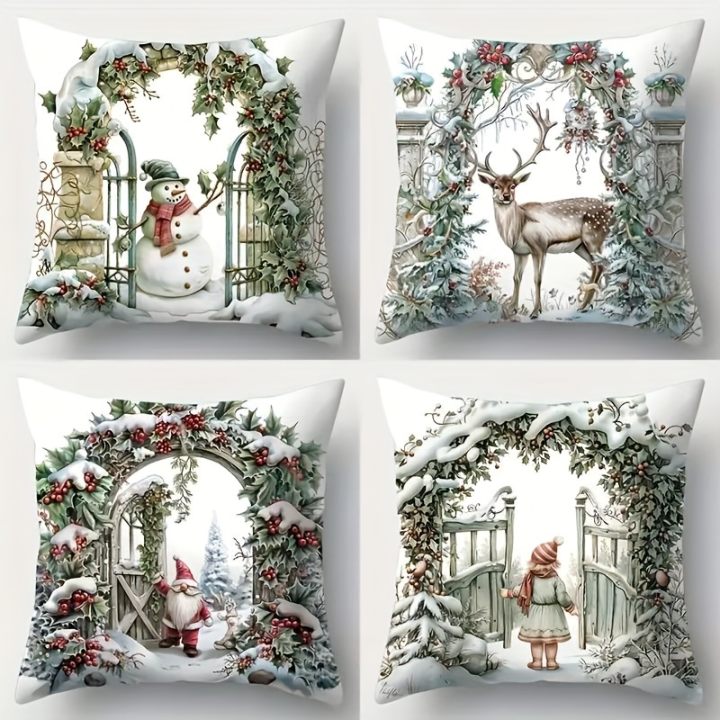 TEMU 4pcs Christmas Throw Pillow Covers, Polyester, Zipper Closure, Hand Wash Only - Sofa, Bed And Home Decoration
