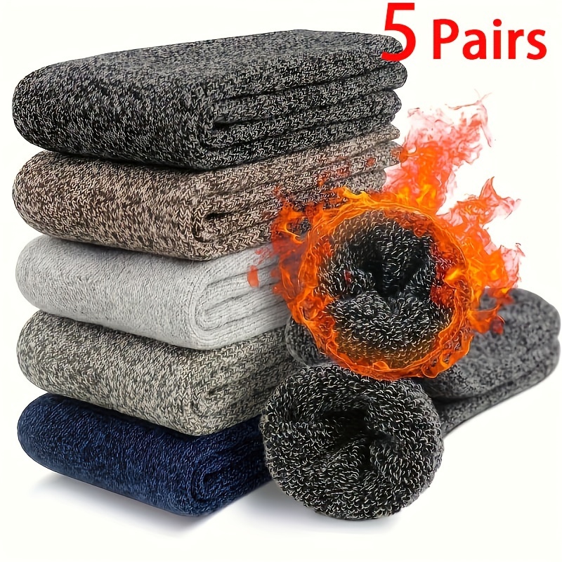 

Men's 5-pair Pack Autumn Winter Knit Crew Socks, Business Warm With Polyester And Spandex, Solid Color, Hand Wash Only