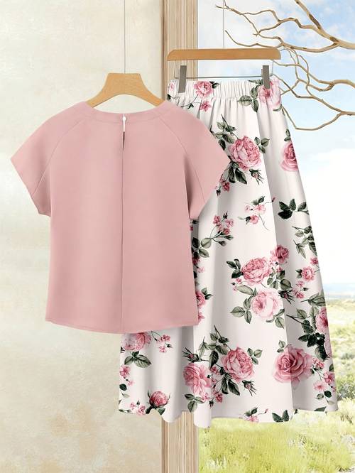 Artikelbild frisches, set mit kurzärmeligem oberteil und floral bedrucktem rock mit bund, bequemes, vielseitiges freizeit-set