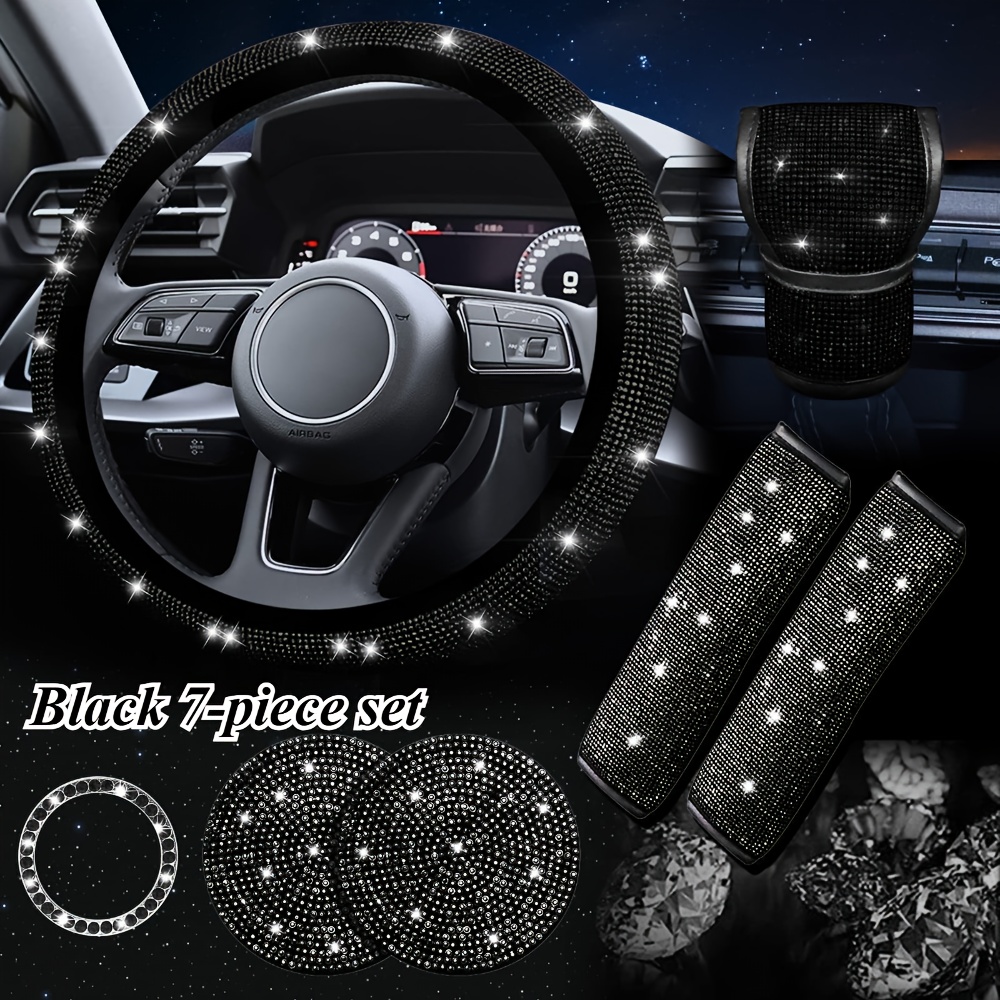 TEMU Ensemble de 7 pièces d'accessoires intérieurs de voiture à strass brillants, comprenant une housse de volant, une housse d'accoudoir, une housse