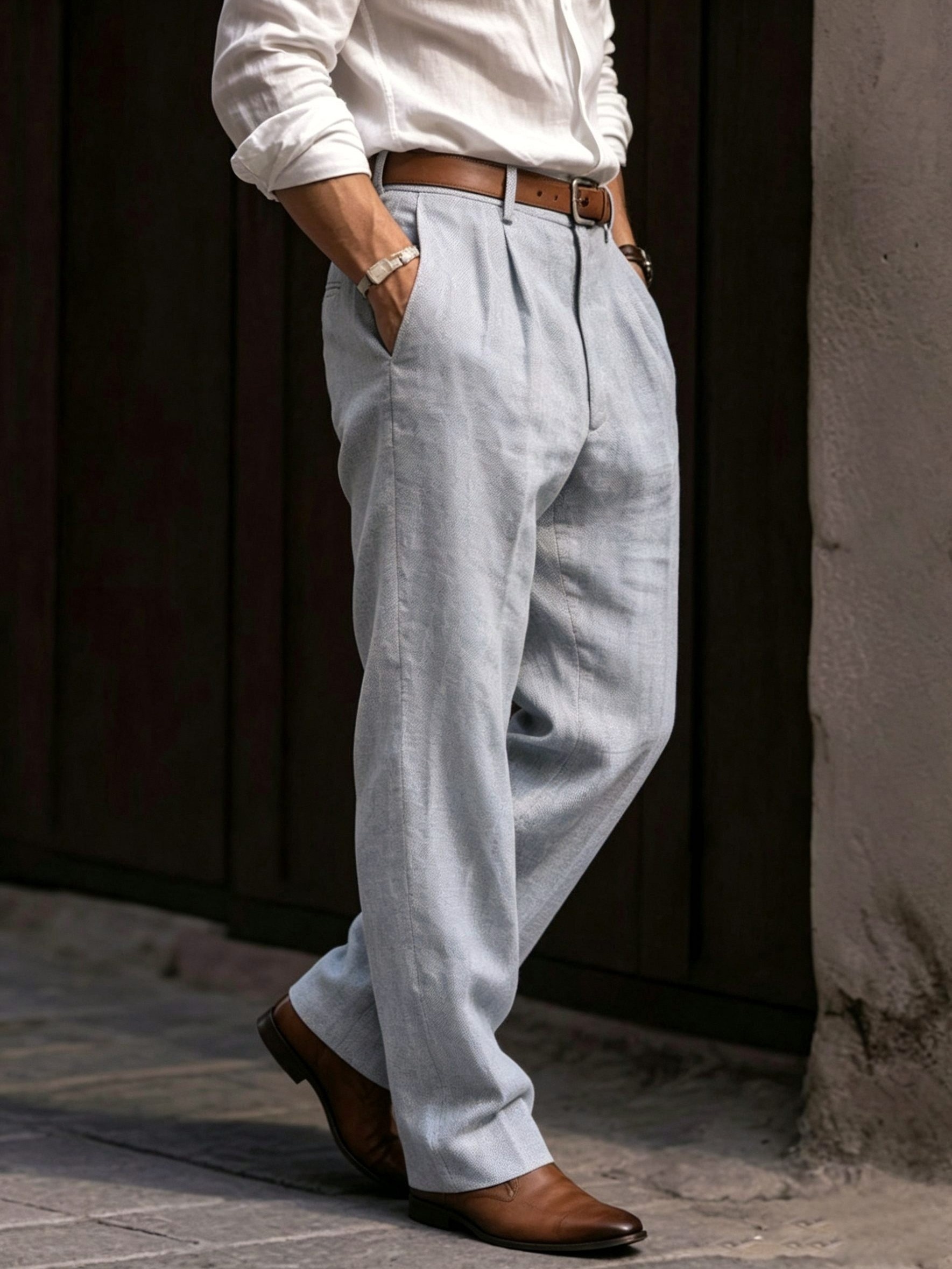 Old Money Outfits Rayon Linen Trousers for Men, Loose Straight Cut Commuter Business Casual Long Pants, Spring Summer Thin Double Pleat Front Pocket Dress Trousers, Casual
