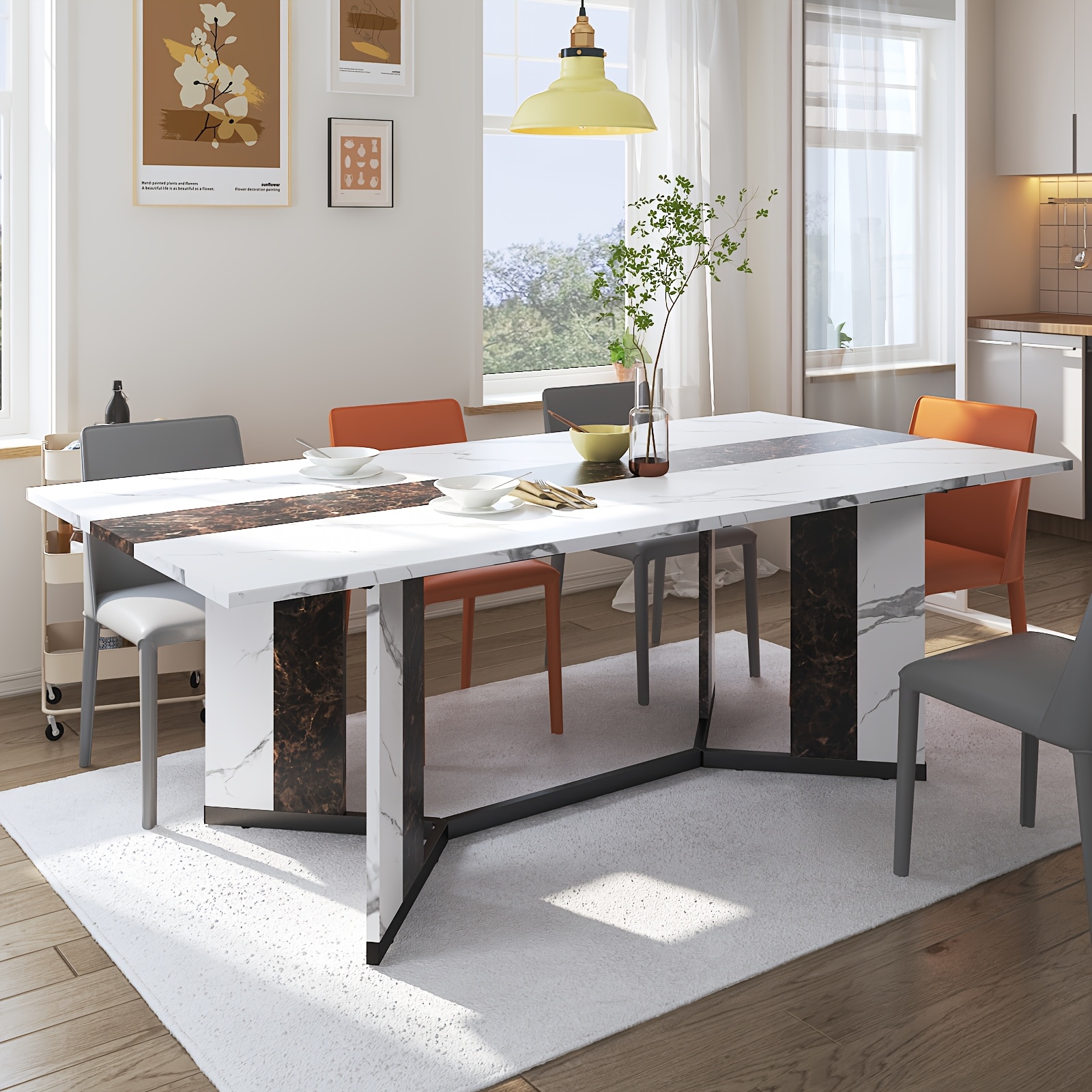 Waterproof and Scratch-Proof Dining Table - Luxurious 71-Inch Large Rectangular with Marble-Color Wood Top - Adjustable V-Shaped Legs for 4-7 People - Ideal for Family Dinners, Office, Kitchen, Living Room