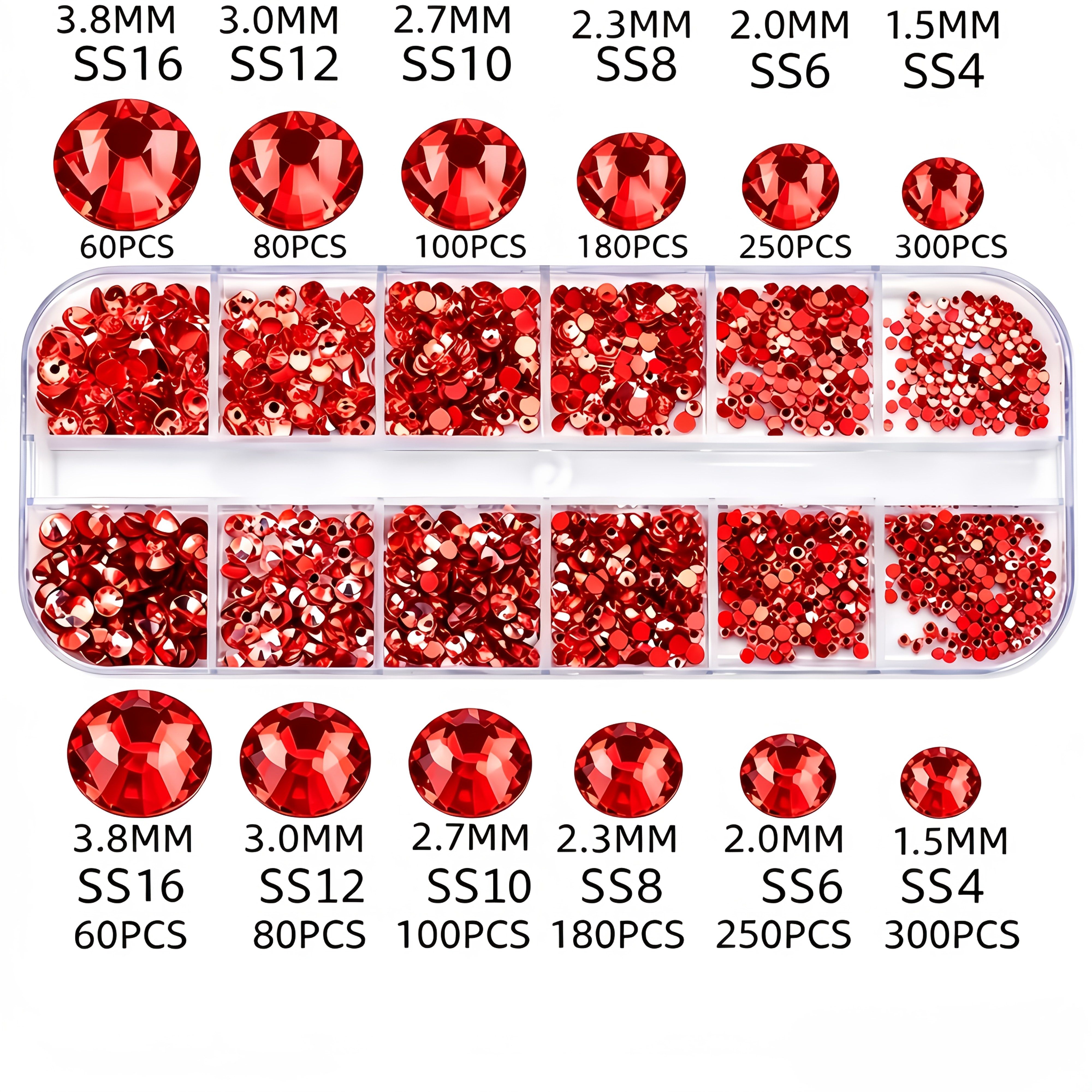 TEMU 1940pcs High Shine Chinese Red Flat Back Rhinestones, Non-adhesive Round Nail Crystals, 12-grid Storage Box, Diy Red Gems For Nail Art, Phone