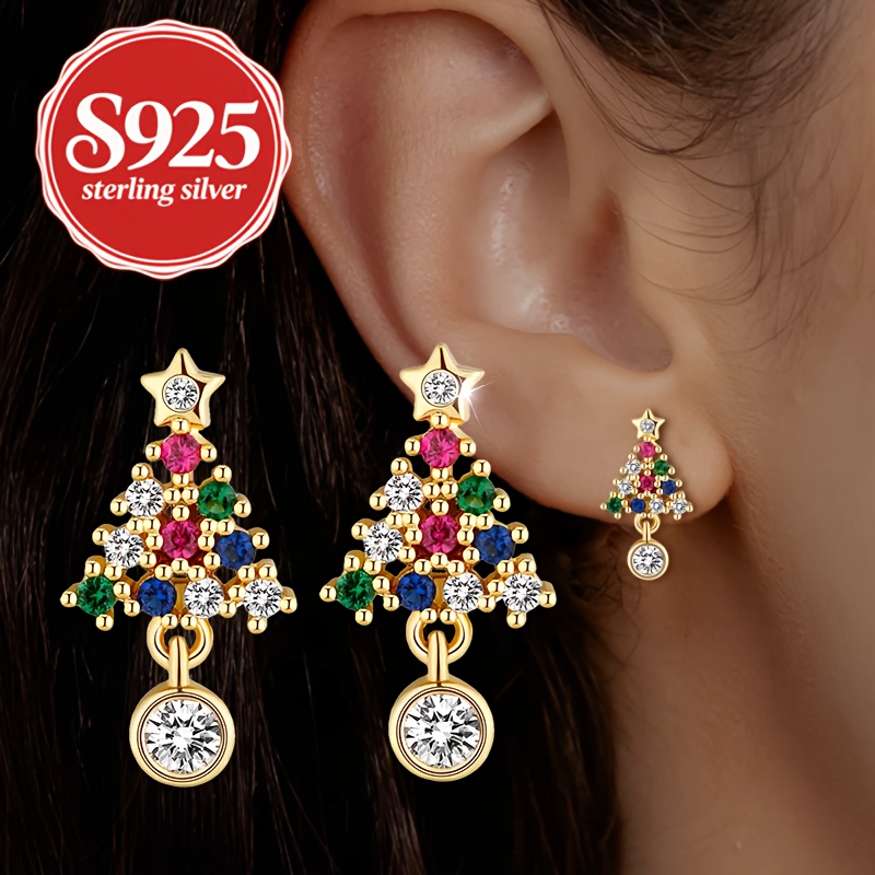 Image of Pair Of S925 Silver Christmas Tree Stud Earrings With Synthetic Synthetic Zirconia, Bling Bling, Fashionable Women's Earrings, Perfect For Christmas And , Hypoallergenic Gift For