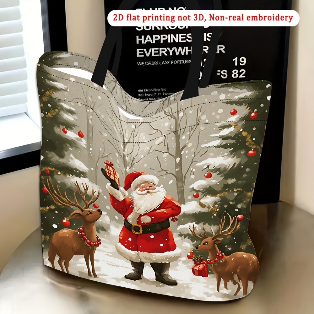 TEMU 1pc, 2d Flat Printing Women's Shoulder Bag, Santa Claus Snow Reindeer Pattern Themed Women's Shoulder Bag, Multifunctional Tote Bag, Daily Use,