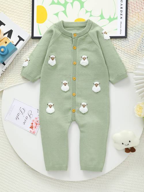 knit jumpsuit with lamb face hoof embellishments soft long sleeve round neck romper fish tail hem winter warm outfit cozy unisex bodysuit for autumn winter ideal shower gift hand for outdoor cute daily