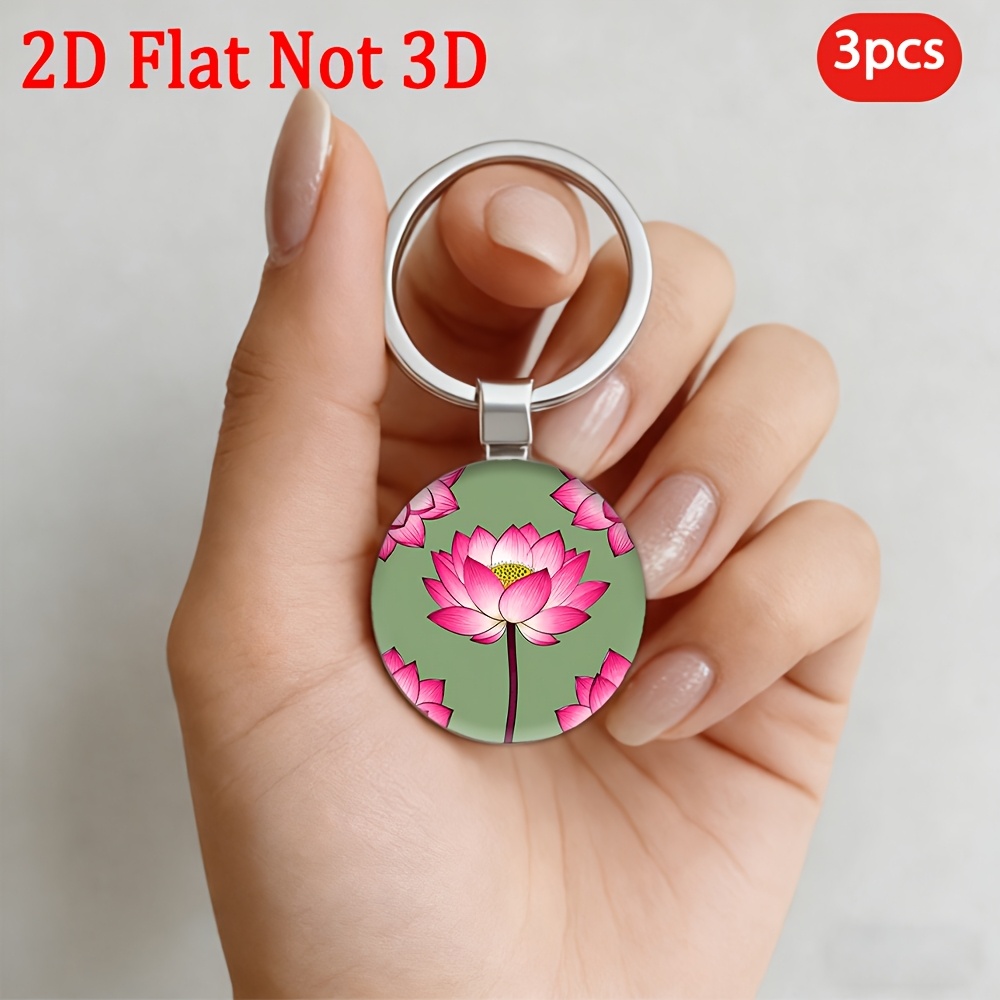 Pink Lotus Patterned Round Key Holder Keychain, 3pcs