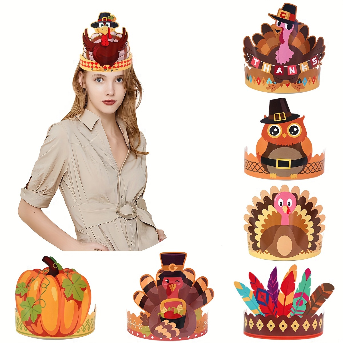 

6pcs Thanksgiving Paper Set - Turkey & Pumpkin Hats For Thanksgiving Day Celebration, Disposable, No Electricity Required, Featherless