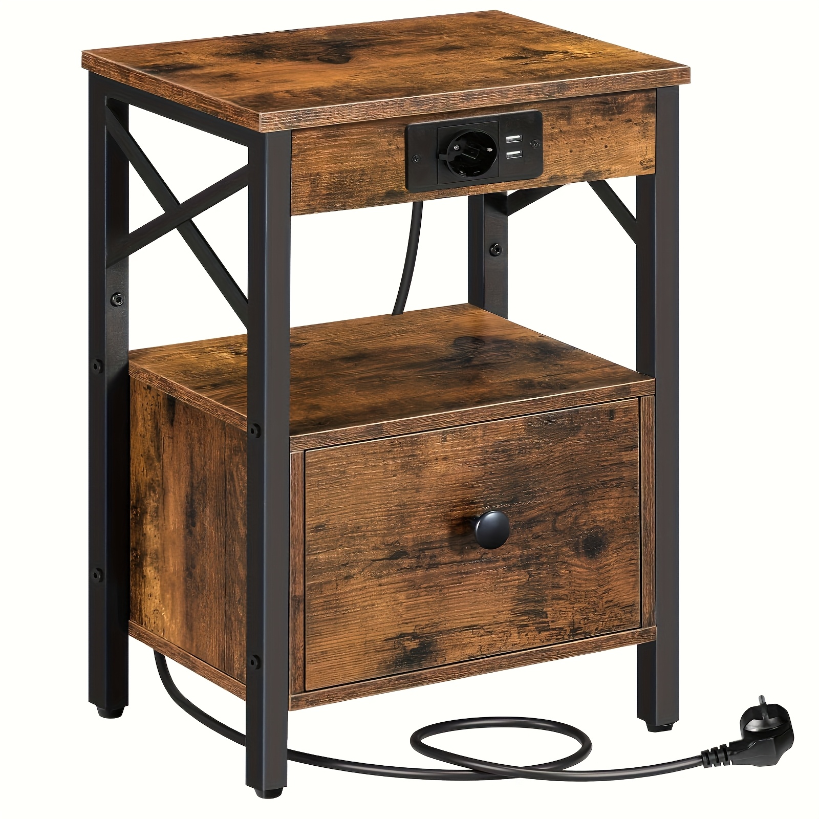 Image of Retro Style Nightstand - Folding Drawer Design, With Usb Interface And Socket, Suitable For Bedroom Multifunctional Bedroom Small Table, Black