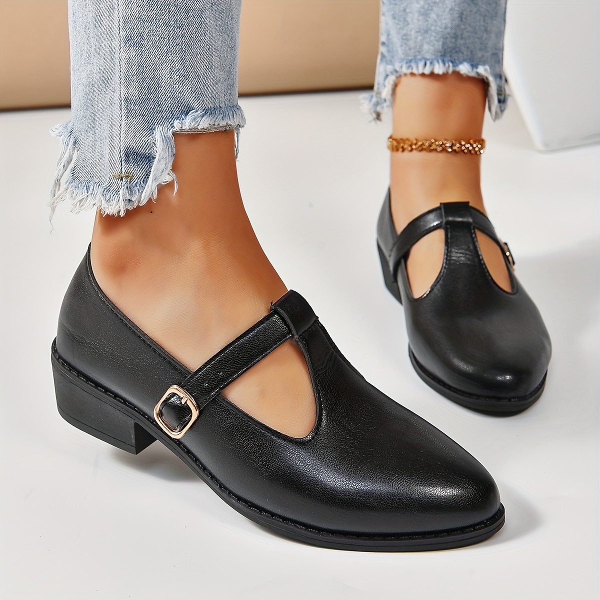 

Women's Solid Color Chunky Heel Loafers, Fashion Point Toe Cutout Design Shoes, Comfortable Buckle Strap Shoes