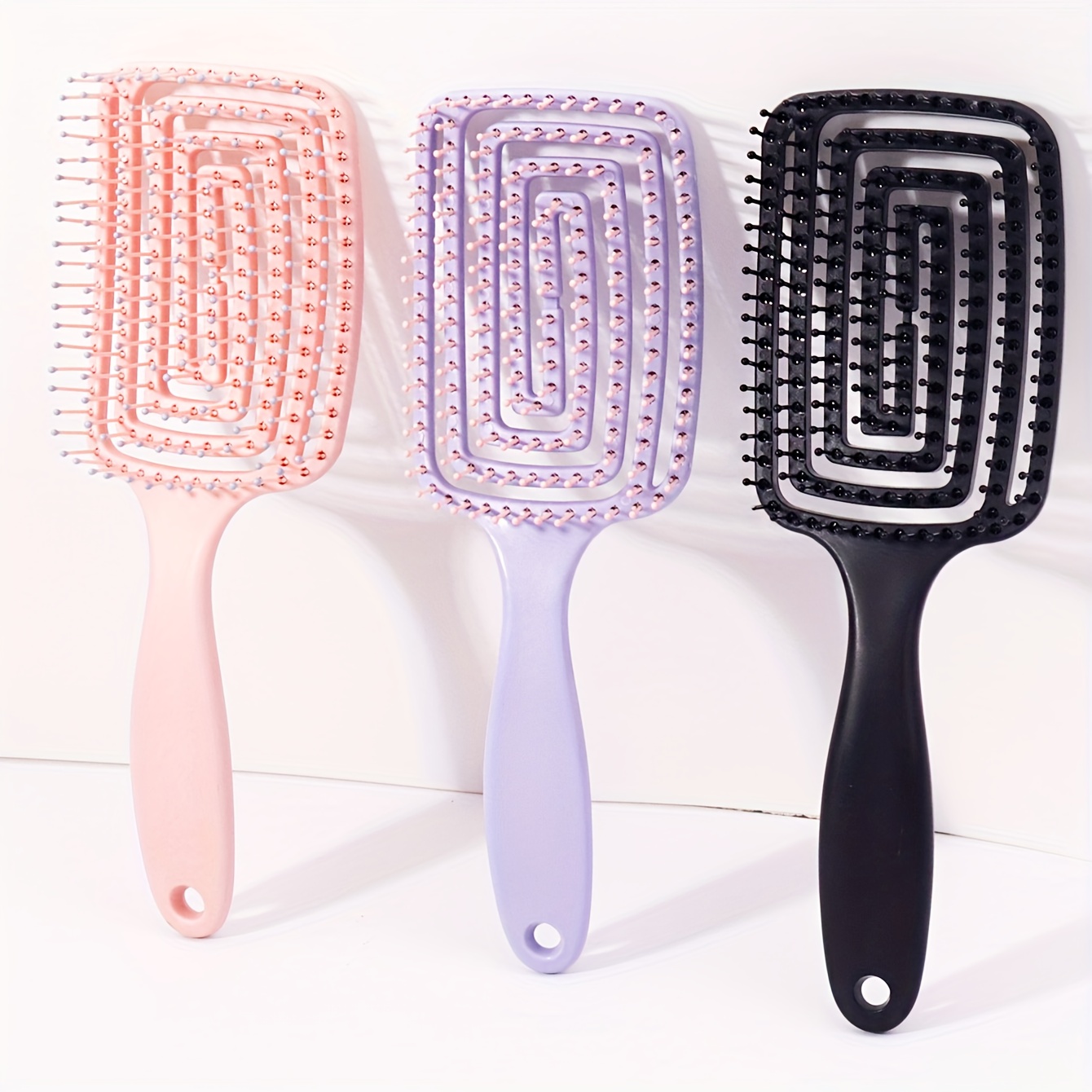 TEMU 3pcs Curly Hair Styling Brushes, Hair Scalp Massage Combs, Dry And Wet Hollow Hair Brushes, Hair Salon Styling Tools, Curls Brush, Brush Scalp