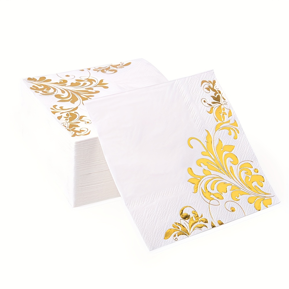 Image of 80 Sheet White Golden Cocktail Napkins Disposable Beverage Napkins Paper Dinner Napkins For Wedding Birthday Party Supplies For Halloween、christmas