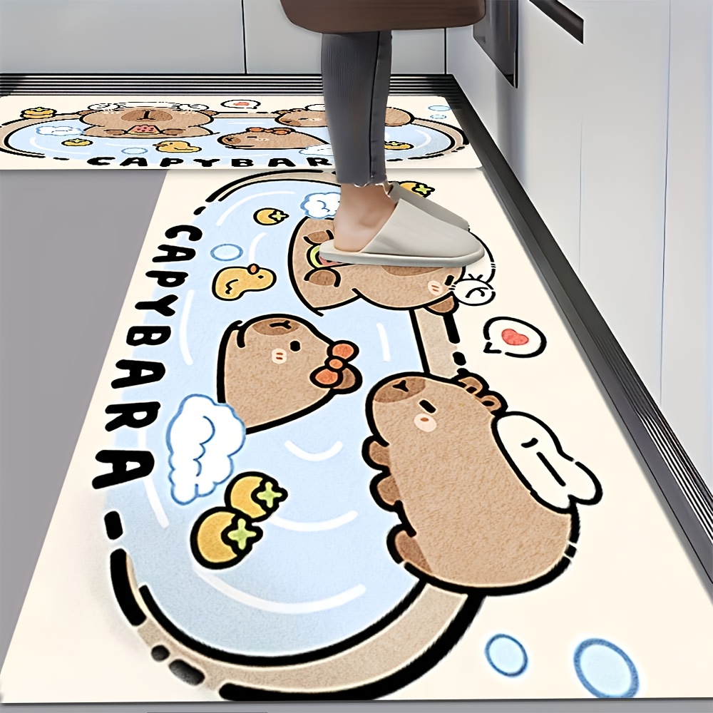 item picture 1pc cartoon capybara pattern kitchen mat soft and comfortable flannel 7mm thickness non slip backing machine washable and easy to clean suitable for kitchen bathroom bedroom office entryway hallway adds style to   ideal for christmas