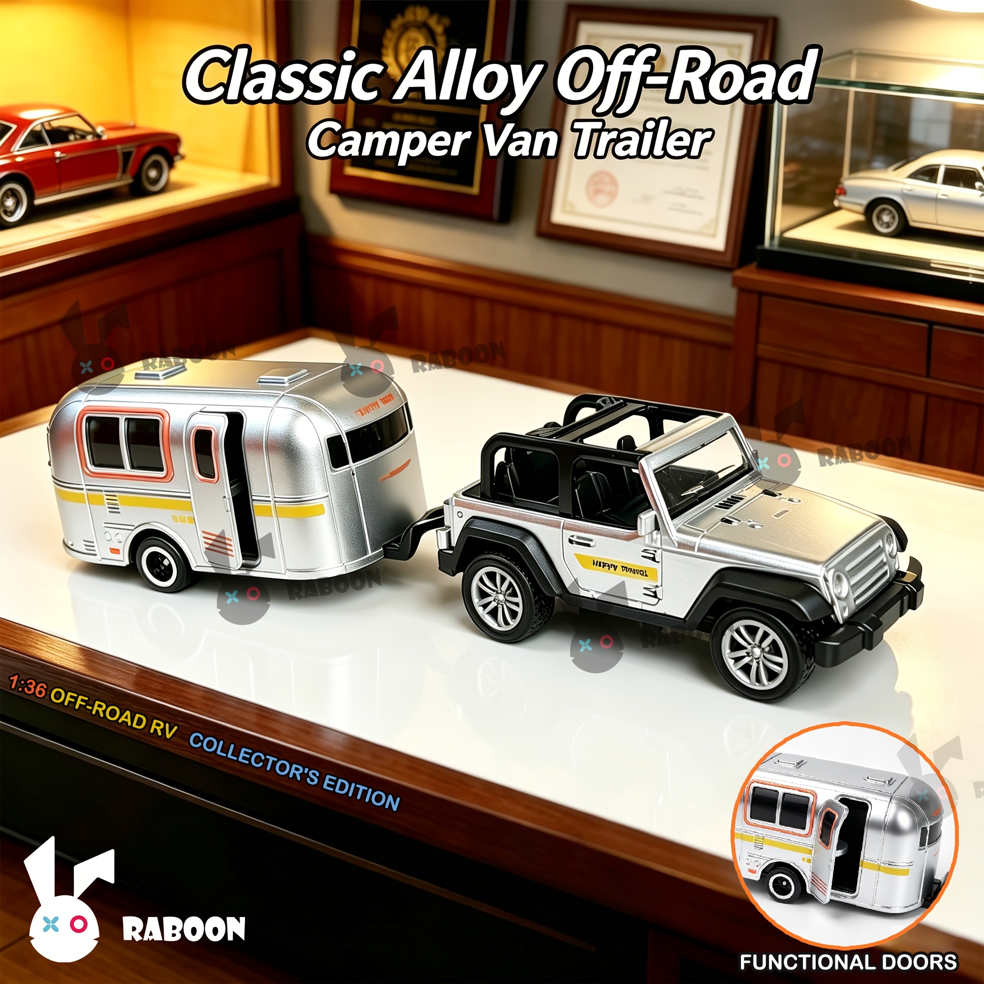TEMU Alloy Off-road Vehicle Travel Trailer Set, Vintage Diecast Car Model, Openable Door Pull Back Rv Toy, High Simulation Detachable , Collectible