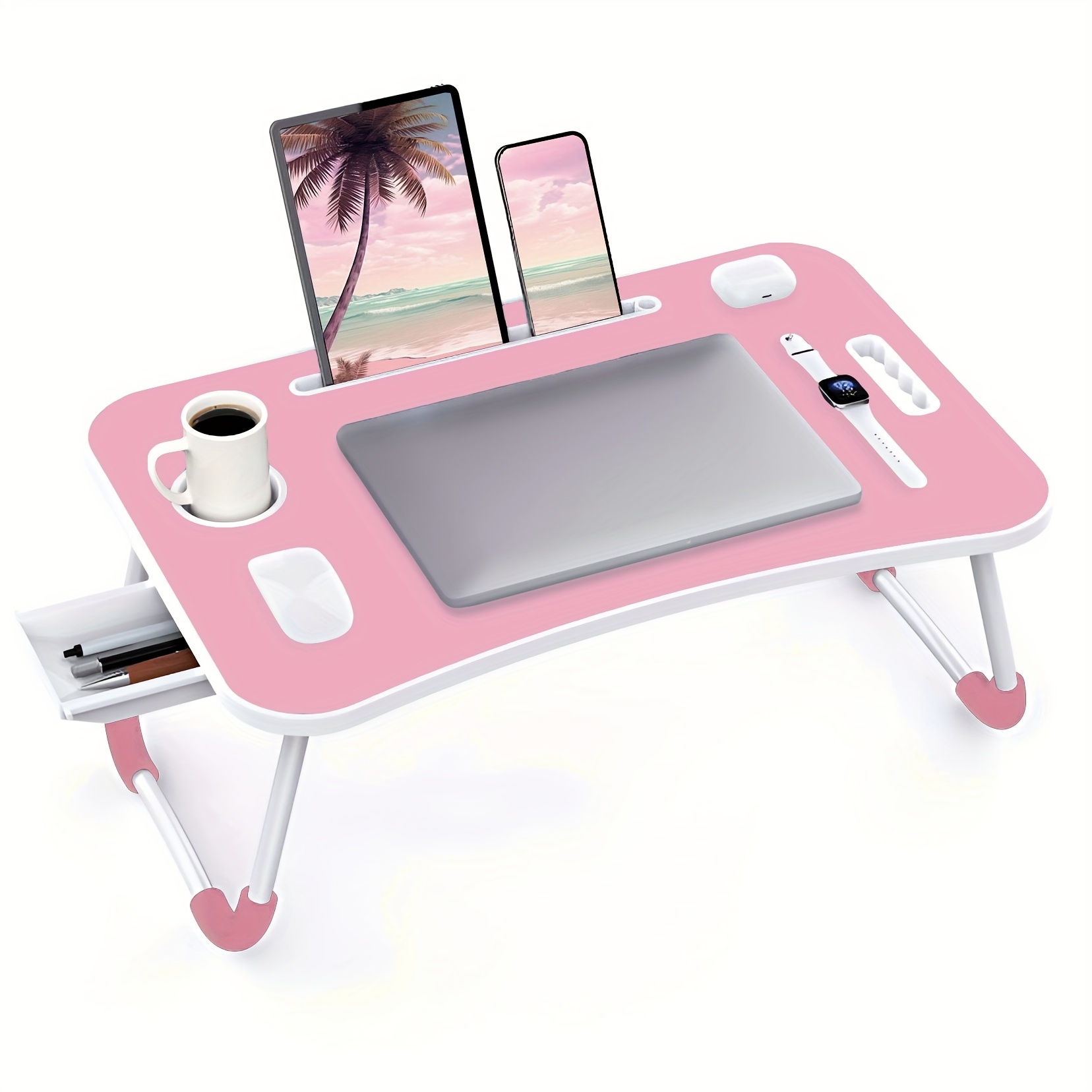 TEMU Foldable Laptop Desk, Portable Laptop Bed Desk, Tray Table With Cup Holder, Tablet Slot, And Laptop Stand For Work, Study, Drawing, And Dining