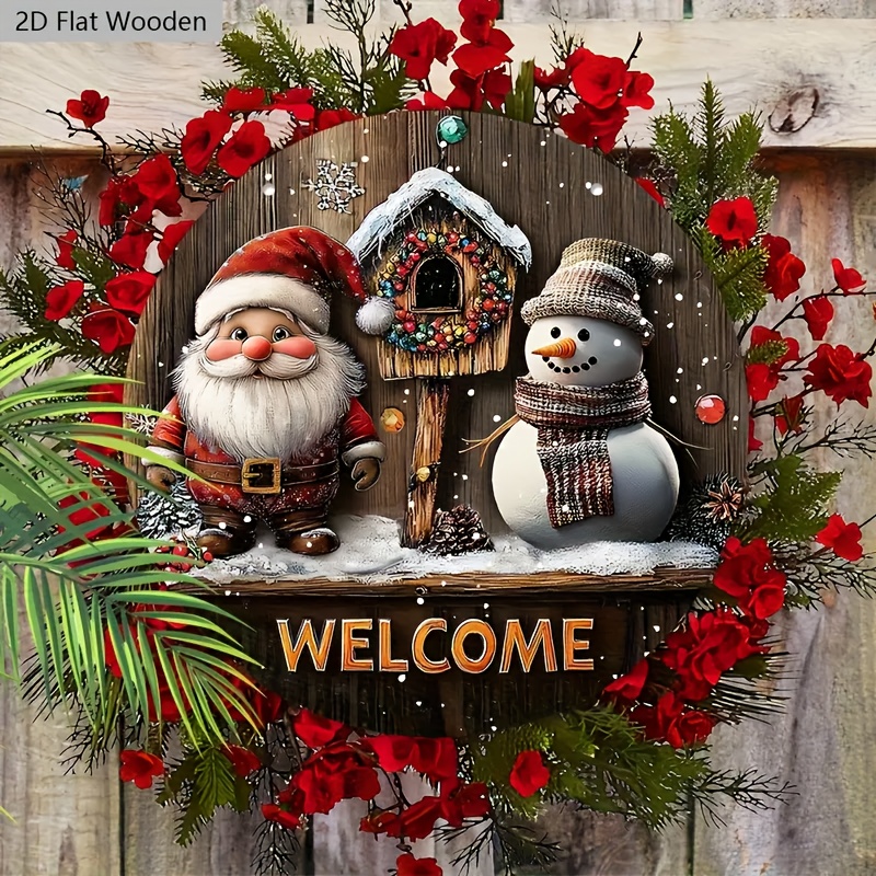 TEMU 2d Flat, 1pc Rustic Wooden Christmas Decorative Plaque & Signs With Santa & Snowman Design, (artificial Flowers Not Included) Festive Decorative
