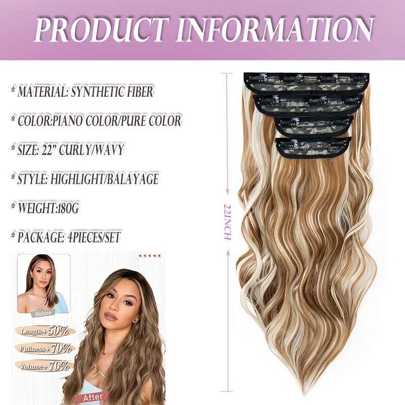 4pieces set long wavy   clip in hair extensions 22inch 55cm soft hairpieces curly thick   double weft hairpiece top synthetic hair highlight   blonde for women party cosplay christmas halloween dating daily use details 2