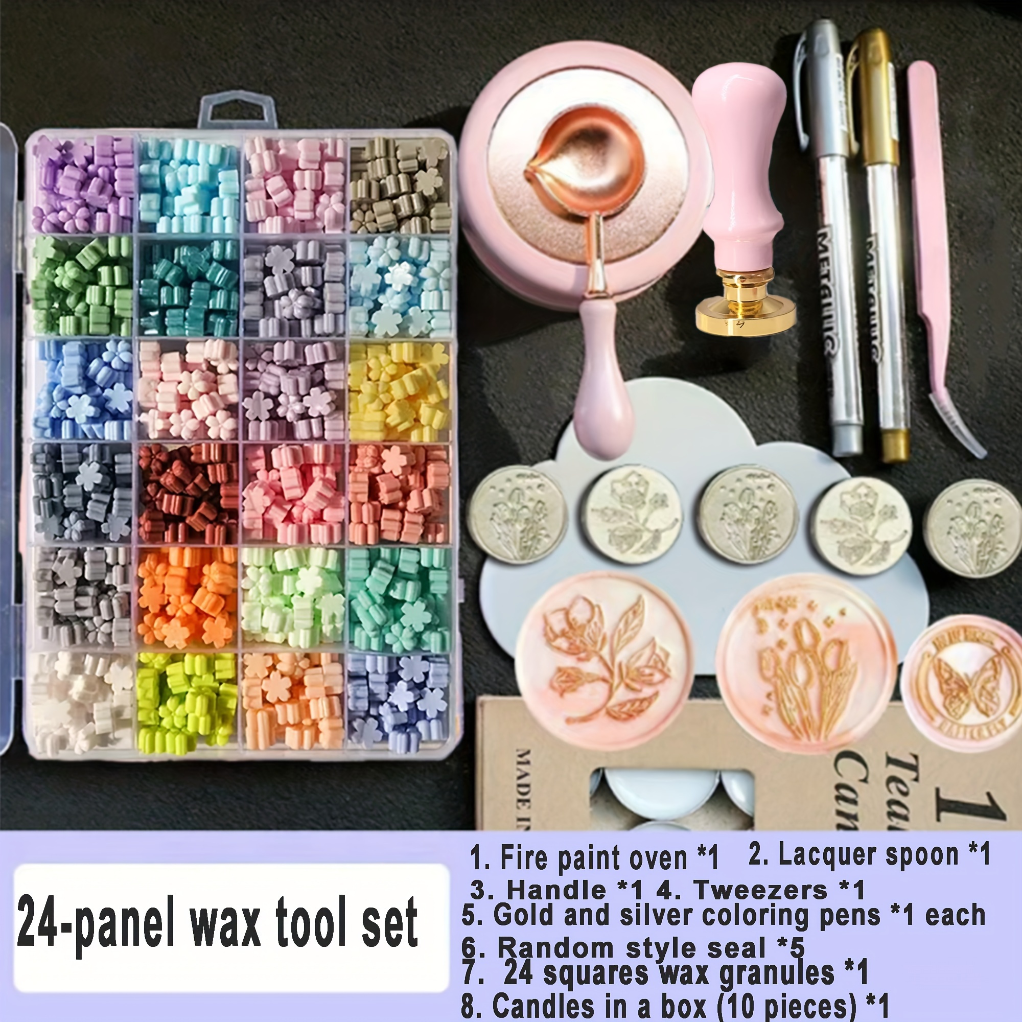 

Complete Wax Seal Kit With Stamp, Beads & Tools - 24-compartment Iron Set For Office Use