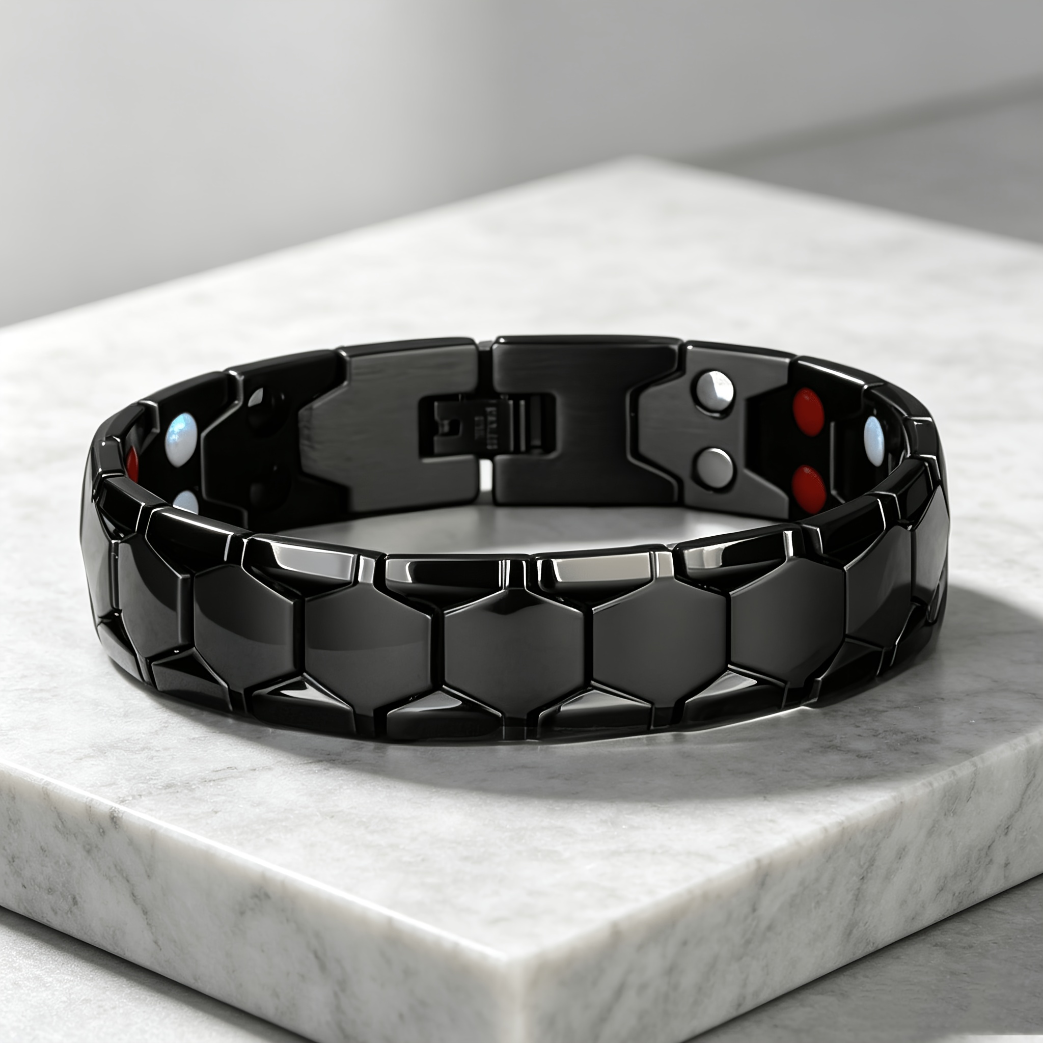 TEMU 1pc Men's Black Hexagonal Magnetic Bracelet, Made Of Polished Stainless Steel, Suitable For Daily Wear, Parties, Or Business Events, A Festive