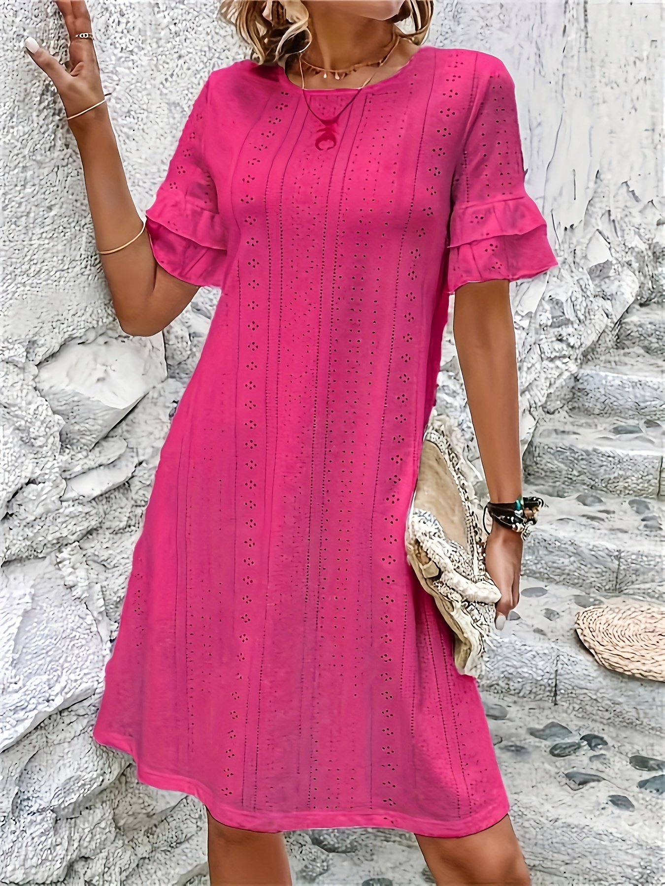 elegant layered mesh solid dress crew neck ruffle detail - Temu
