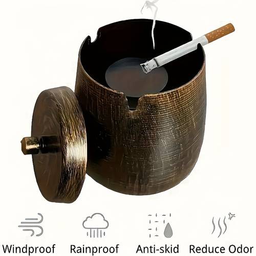 elegante posacenere antivento in ferro con rivestimento legno - senza , inodore, design portatile per esterni, non necessita di elettricità