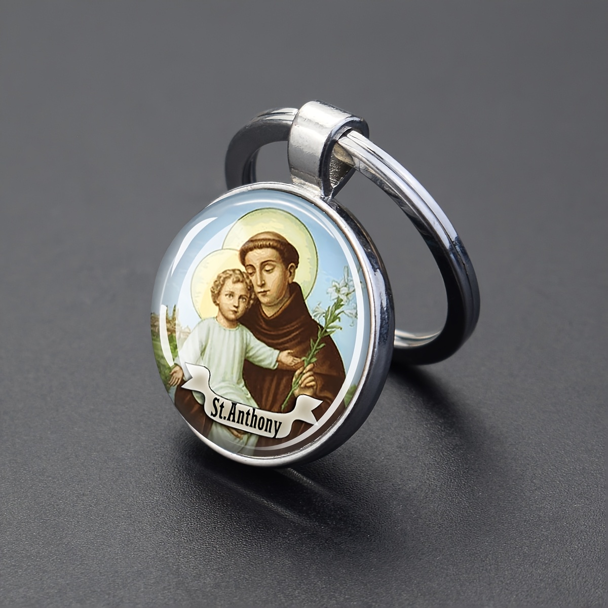 TEMU 1pc Saint Anthony Religious Keychain Double Sided Glass Pendant Car Keyring Gift For Men Charm Accessory