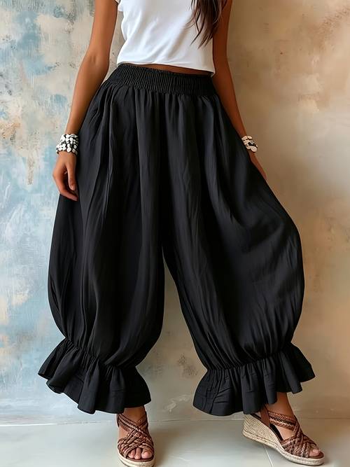 new womens elastic high waist hem wide leg pants loose flowy casual harem long trousers solid black daily vacation trousers