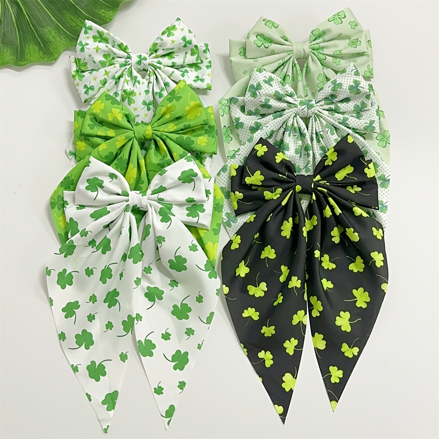 

6pcs Women's Elegant Green Clover Print Bow Spring Clip Hairpin Fashion Back-of-the-head Hair Bow Ribbon Hairpin Hair Accessories, Suitable For Party Dressing, Festival Gifts, Daily Outing Hair Clip