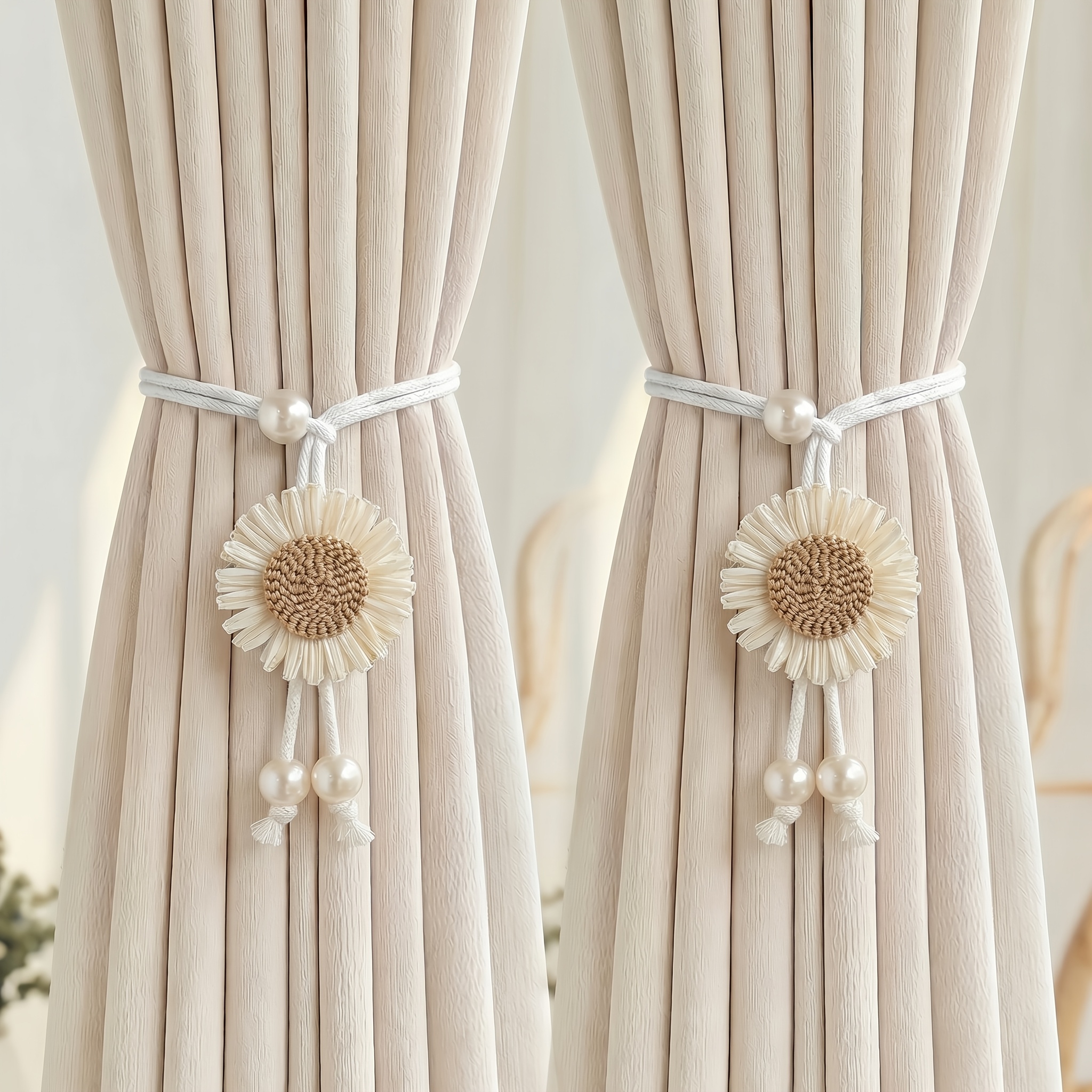 TEMU 2pcs Sunflower Adjustable Curtain Cords, Decorated With Pearls, Adjustable Length, Suitable For Sheer And Regular Curtains, Perfect Decoration