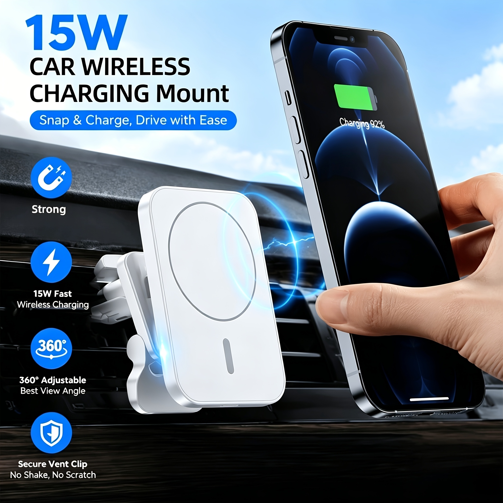 TEMU Support de voiture magnétique fil Vent avec chargeur, support de téléphone rotatif à 360° à absorption automatique, support de navigation de