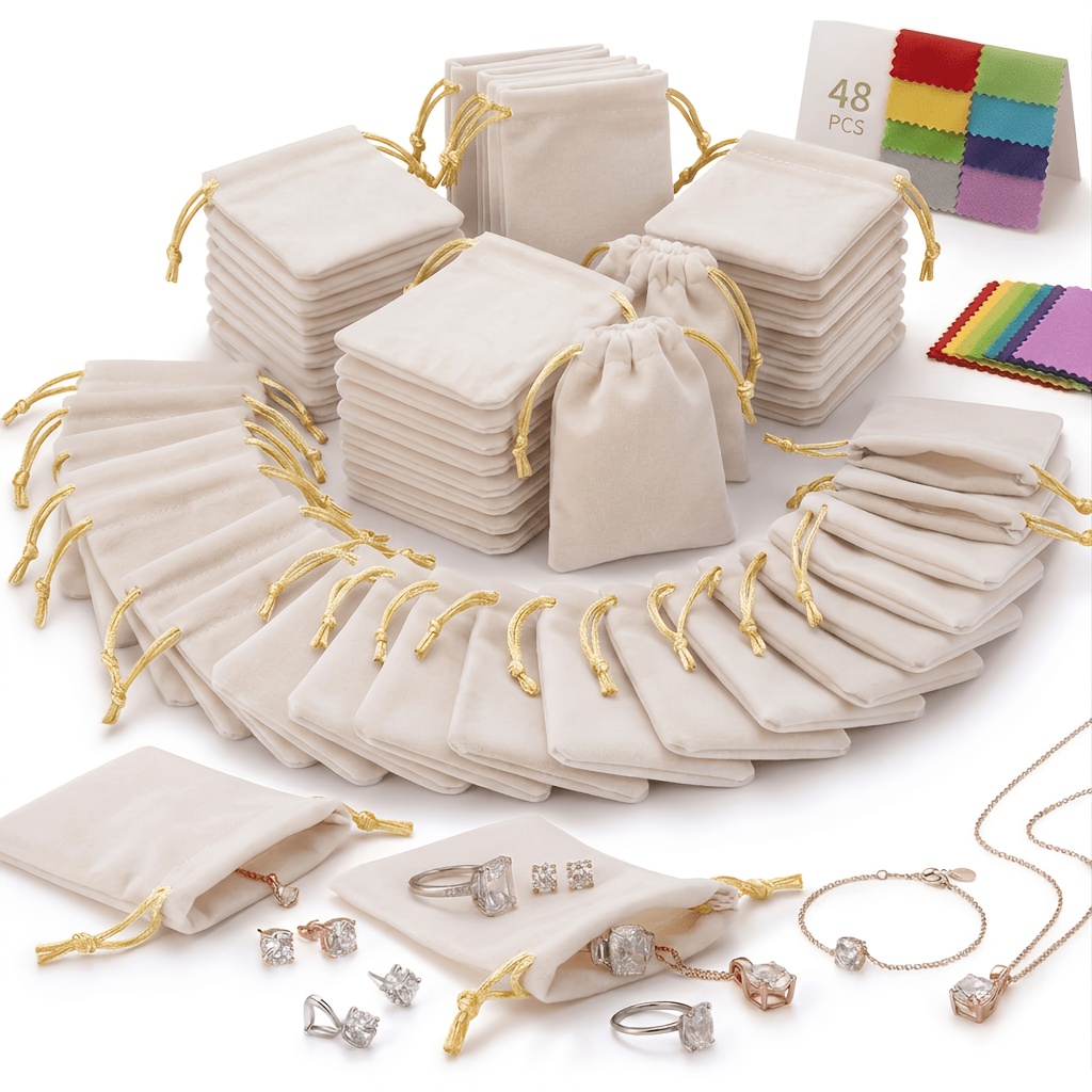 TEMU Regalo /Lui 48 pz Morbida Microfibra Adatta per Bomboniere di Nozze, Feste di Compleanno, Viaggi e Lavoretti - Sacchetti Portagioie con Coulisse