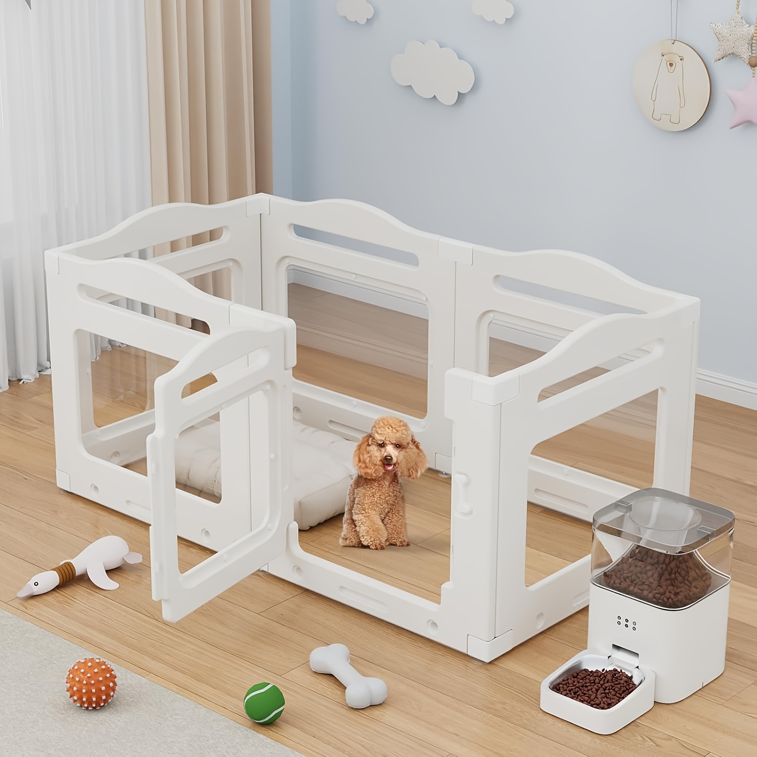 Image of 5pcs Set + 1 Dog Playpen With Door, Acrylic Material, 60 Cm High, Foldable, Household, Pet Fence With Suction Cups, Indoor Puppy Kennel
