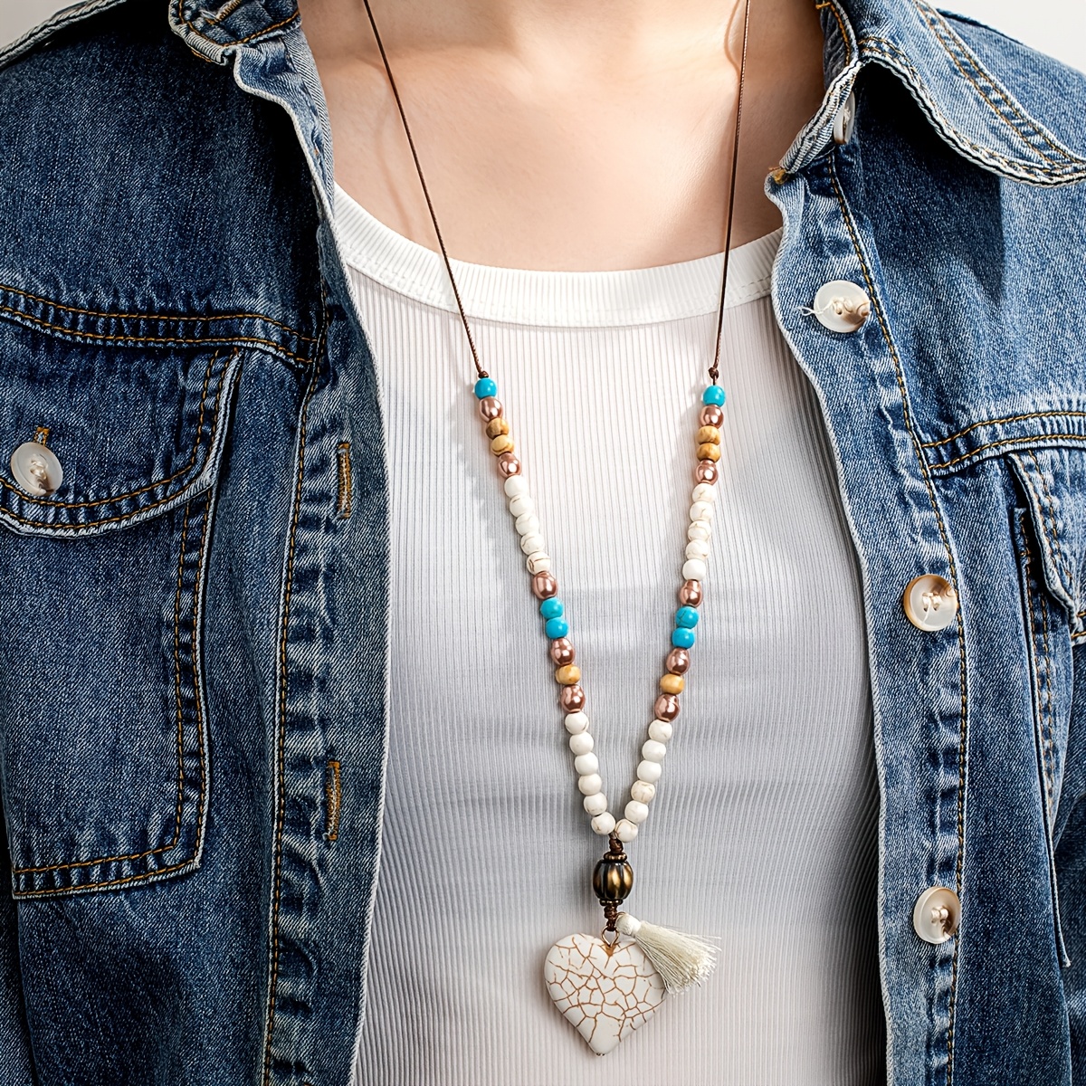 TEMU Bohemian Style Heart Crackle Pendant Long Necklace, Vintage Color-block Turquoise Wooden Bead Tassel Sweater Chain, Casual Denim Style Layering