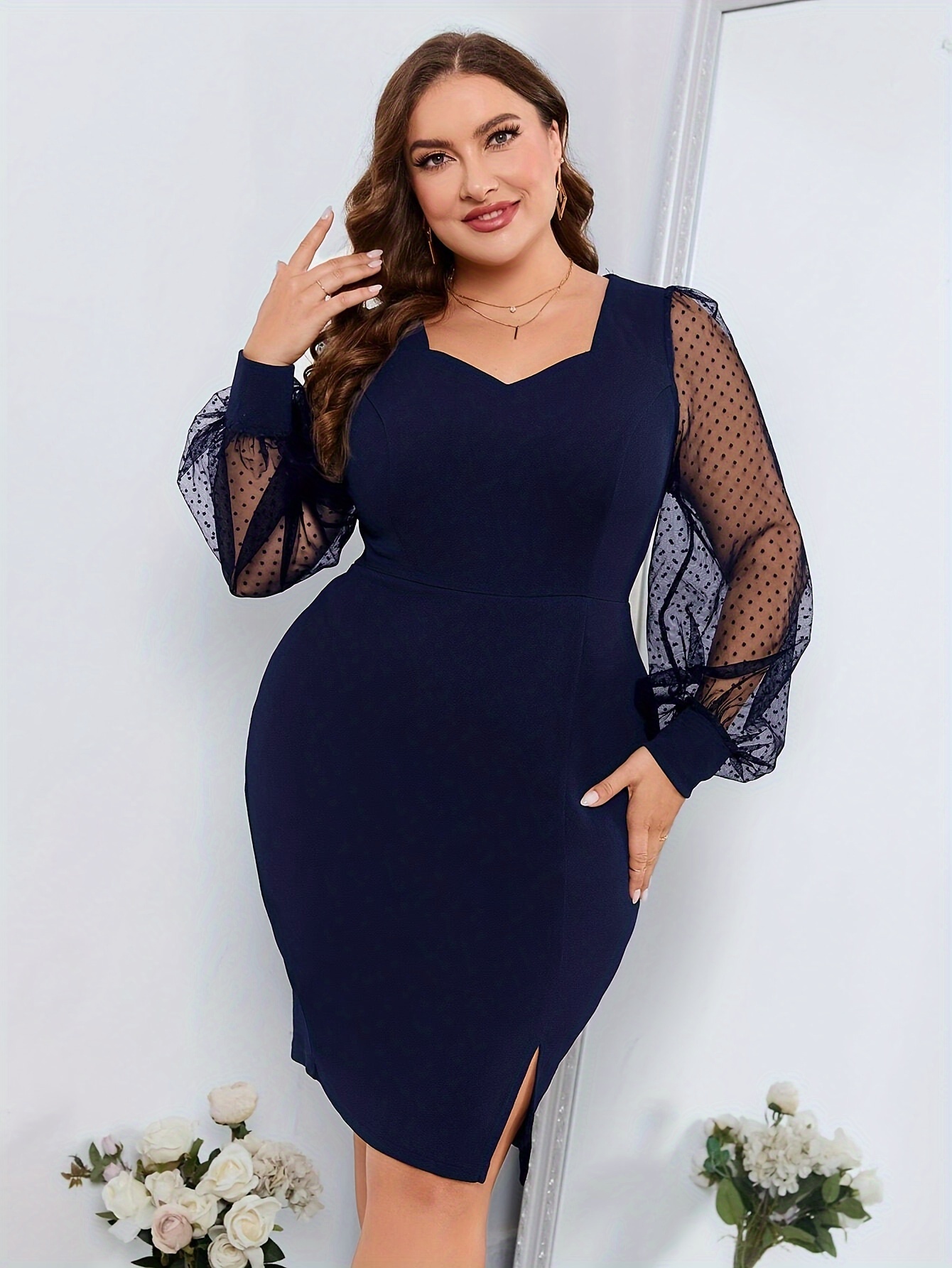 Plus Size Navy Blue Lace  Semi Formal Dresses With Half