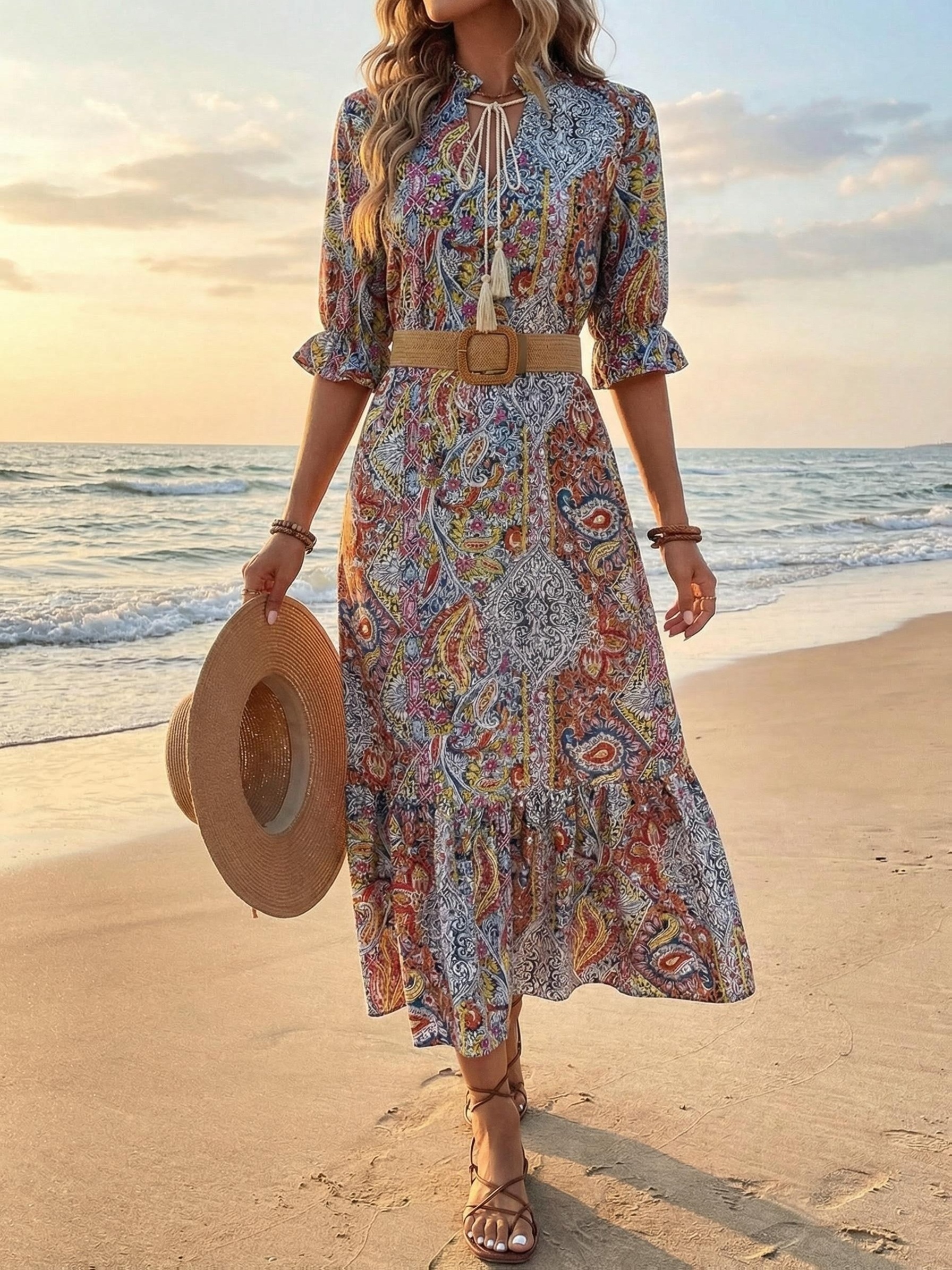 knee length dresses for ladies Black Gold Cotton Long Sleeved Beach Dress – Lindsey Brown